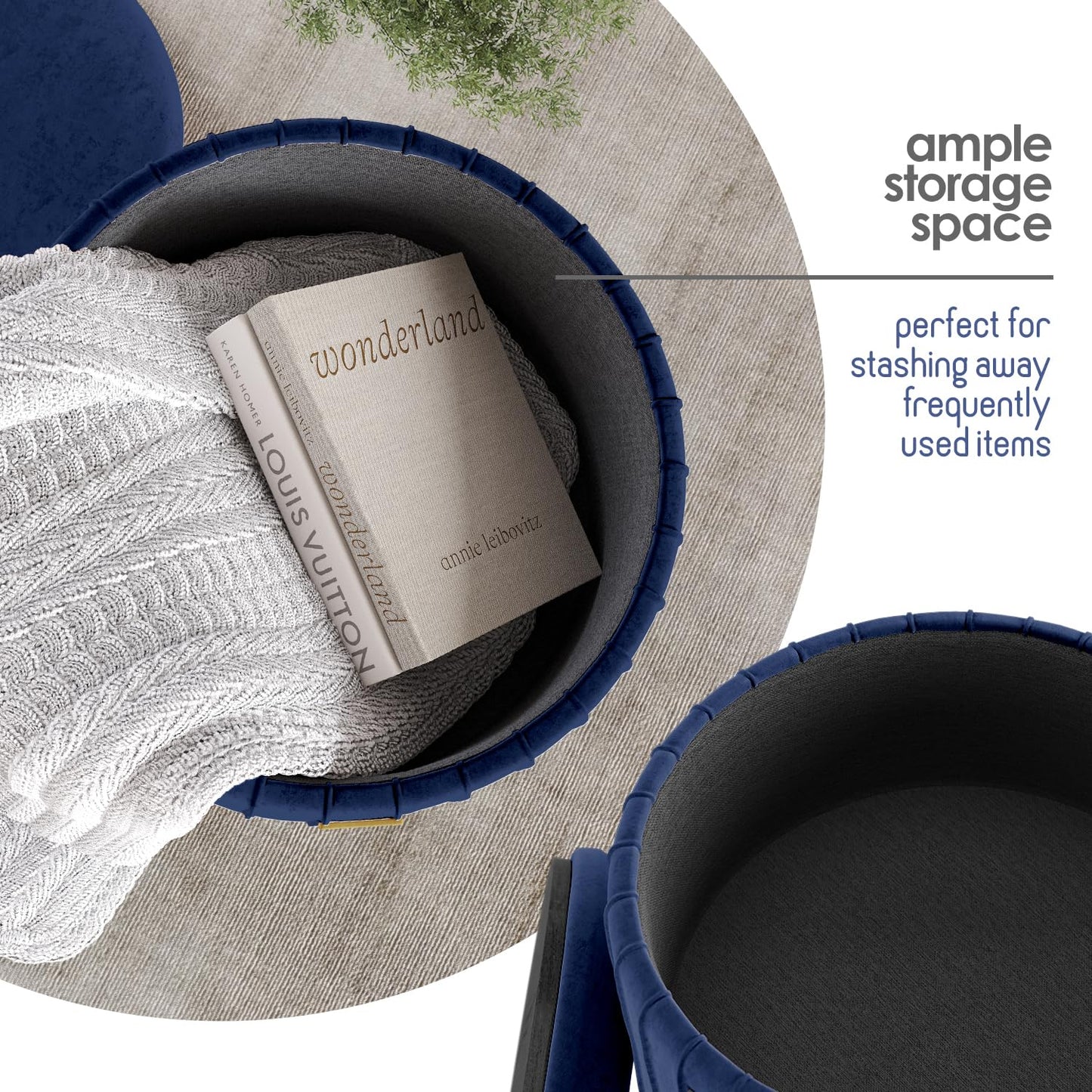 STORAGEBUD Round Ottoman with Storage, Pleated Velvet Storage Ottoman, Foot Stool Ottomans, Makeup Vanity Stool, Small Ottomans Foot Rest, Modern Vanity Stools for Living Room and Bedroom, Blue