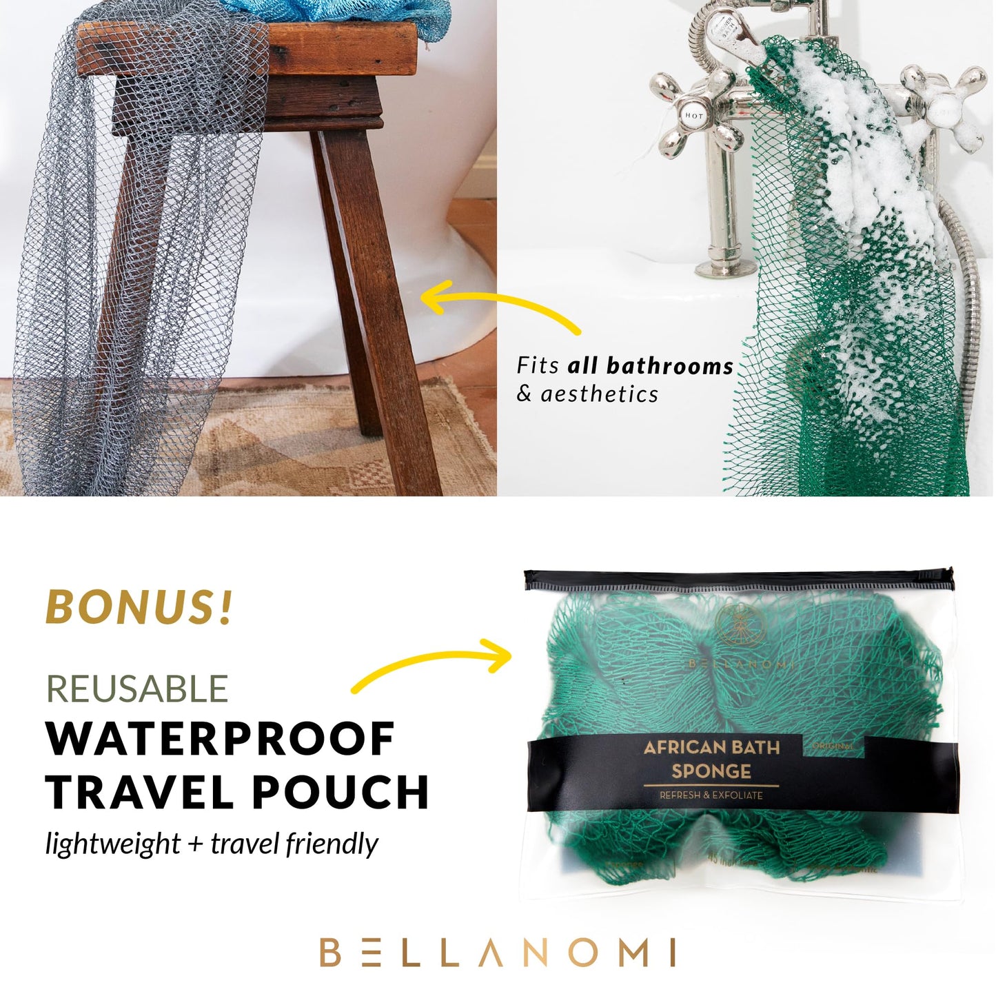 BELLANOMI 4 Piece African Exfoliating Net Sponge Long African Bath Sponge, Authentic Ethically Sourced from Nigeria, Great for Daily Use (Blue, White, Seafoam,Navy Blue)