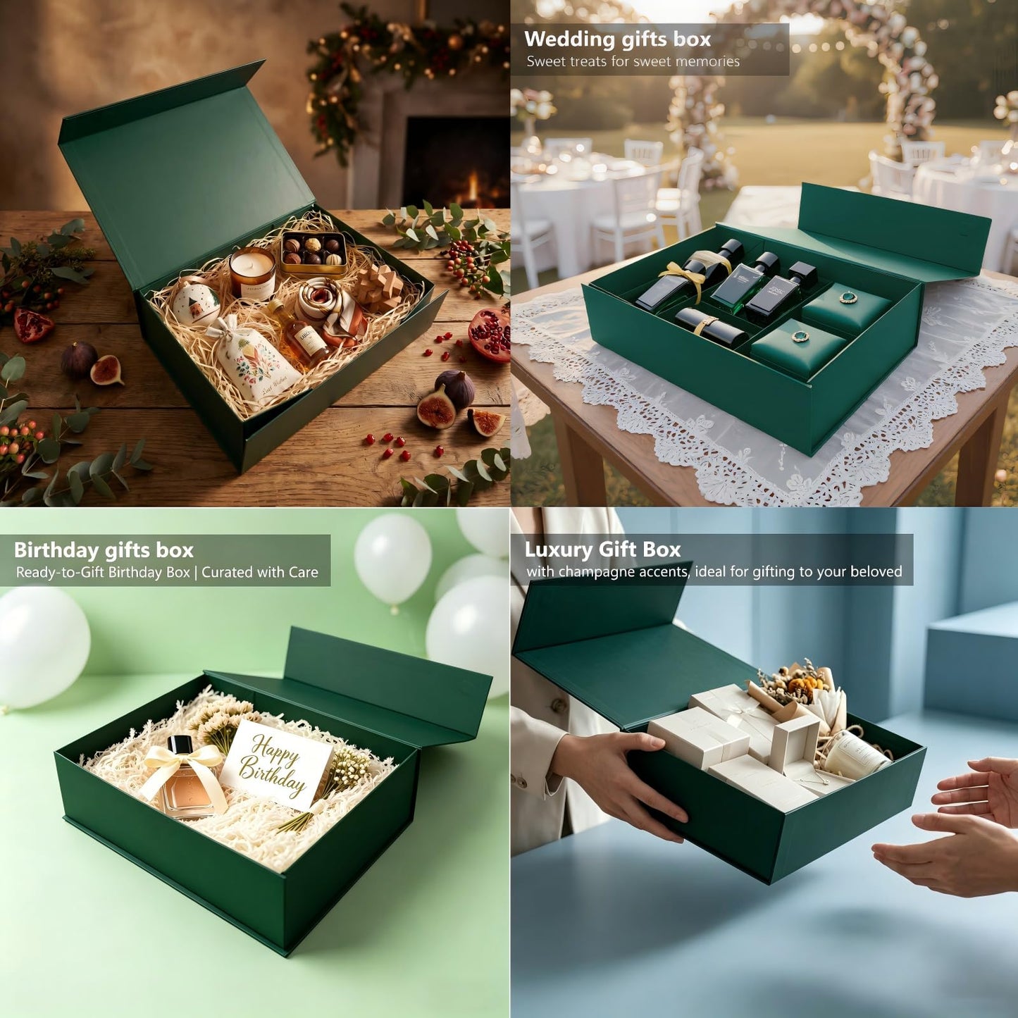 QDHATYME Gift Boxes Set of 3, Magnetic Closure Gift Box, 11.81x8.46x3.35 Inches Collapsible Luxury Gift Packaging Box with Gift Card & Champagne Ribbon, Reusable Present Box for Birthday, Wedding, Christmas, Mother's Day, Father's Day, Graduation, All Occ