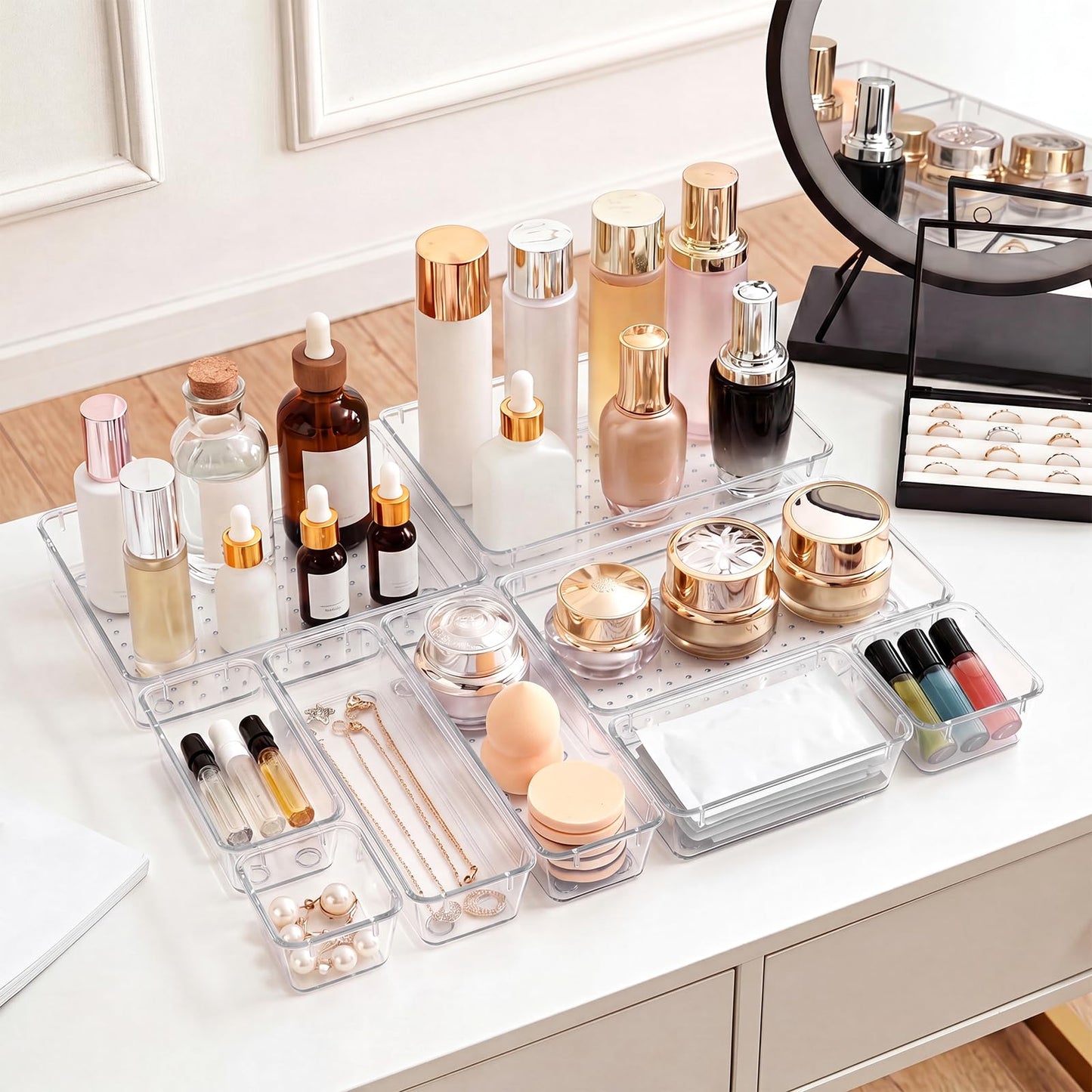 Asnews 25 Pcs Makeup Drawer Organizer Set, 4 Sizes Versatile Bathroom and Vanity Drawer Organizer for Makeup, Non-Slip Desk Organizer Trays for Bedroom, Office, Fits Jewelry and Office Supplies