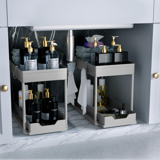 DEKAVA Under Sink Organizer 2 Pack，Bathroom Cabinet Organizer，2 Tier Sliding Cabinet Basket Organizer Drawer, Multi-Purpose Bath Collection Baskets for Bathroom (Grey)