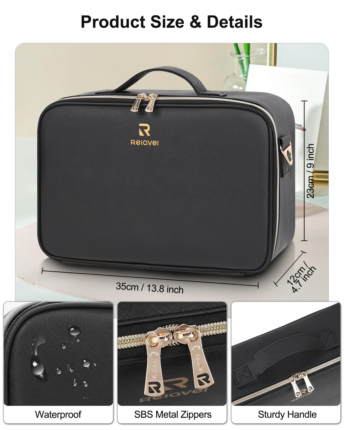 Relavel Makeup Train Case With LED Mirror, Professional Travel Cosmetic Bag with Removable Partitions,Compact Makeup Organizer, Waterproof Toiletry Case for Women, Black