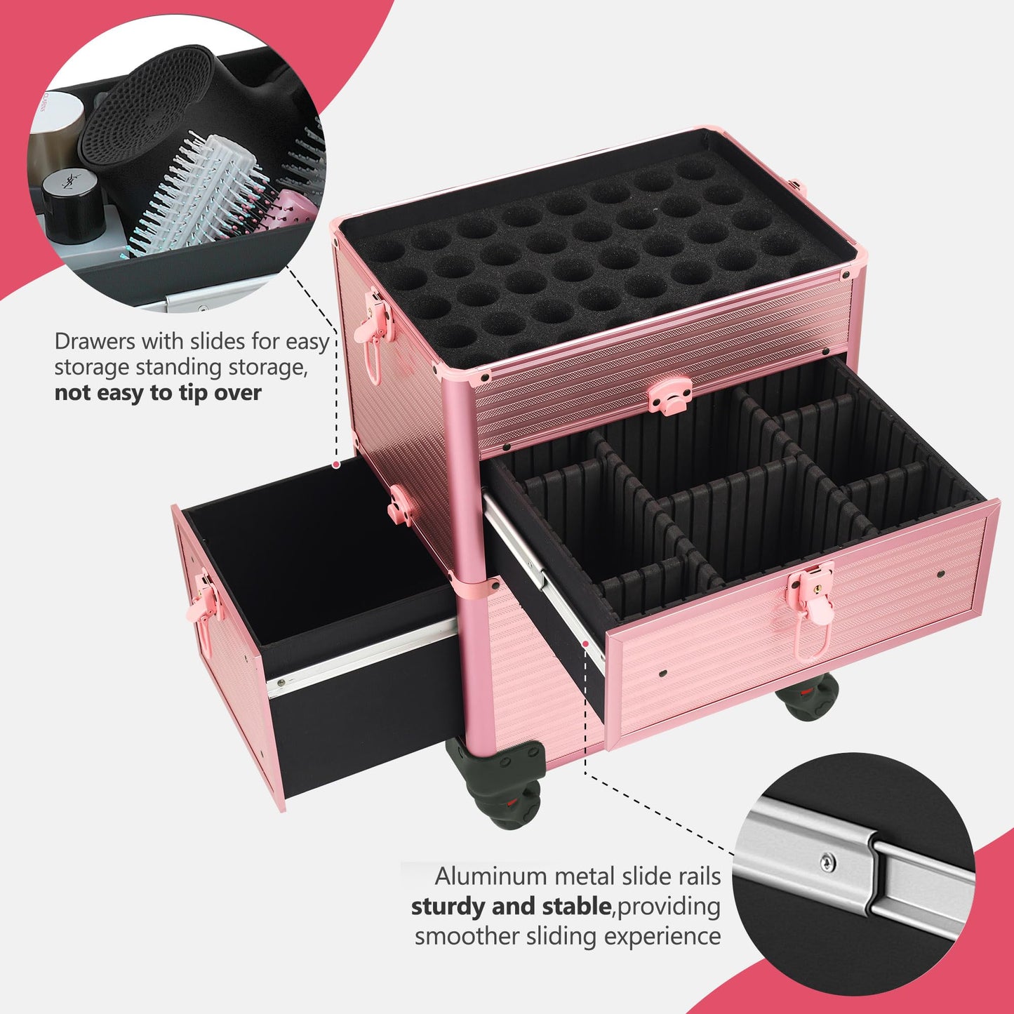 Somduy Rolling Makeup Case with Drawer, Makeup Train Case, 4 in 1Cosmetology Case on Wheels, Christmas Gift, Large Makeup Case Organizers, Profesional Cosmetic Case for Salon Barber, Light pink