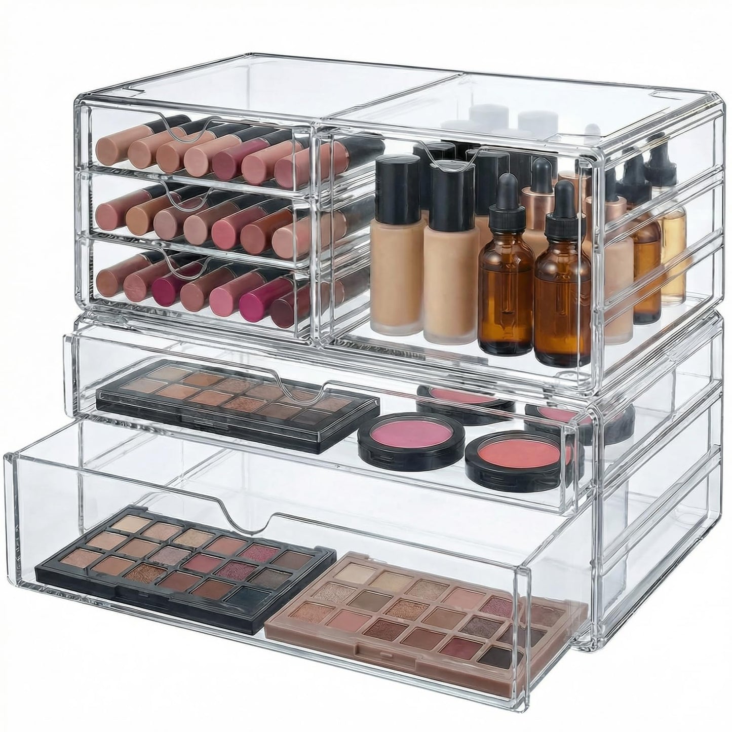 Jowgut Acrylic Makeup Organizer with 6 Drawers, 11" Stackable Office Desk Organizer Accessories, Clear Bathroom Storage Drawers for Makeup Palettes, Cosmetics, Vanity, Art Craft Supplies