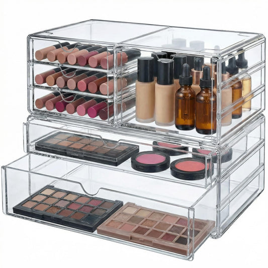 Jowgut Acrylic Makeup Organizer with 6 Drawers, 11" Stackable Office Desk Organizer Accessories, Clear Bathroom Storage Drawers for Makeup Palettes, Cosmetics, Vanity, Art Craft Supplies