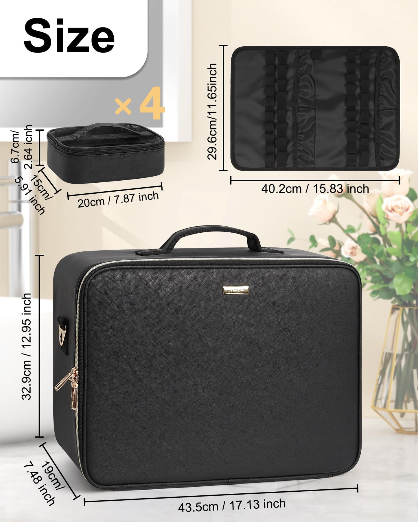 Relavel Extra Large Makeup Bag, Professional Makeup Train Case for Makeup Artists, Travel Cosmetic Organizer with 4 Small Portable Bags & Brush/Lipstick Plate, Adjustable Dividers and Shoulder Strap