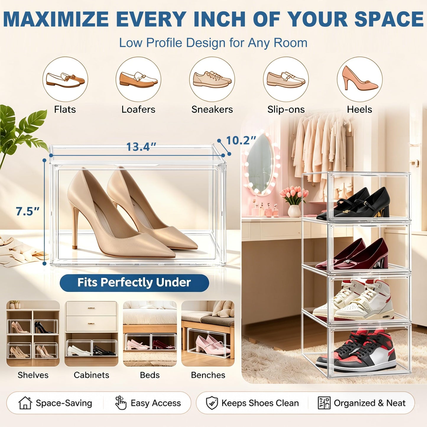 DAYOOH Low Profile Clear Shoe Storage Box for Flats,Loafers &Small Spaces