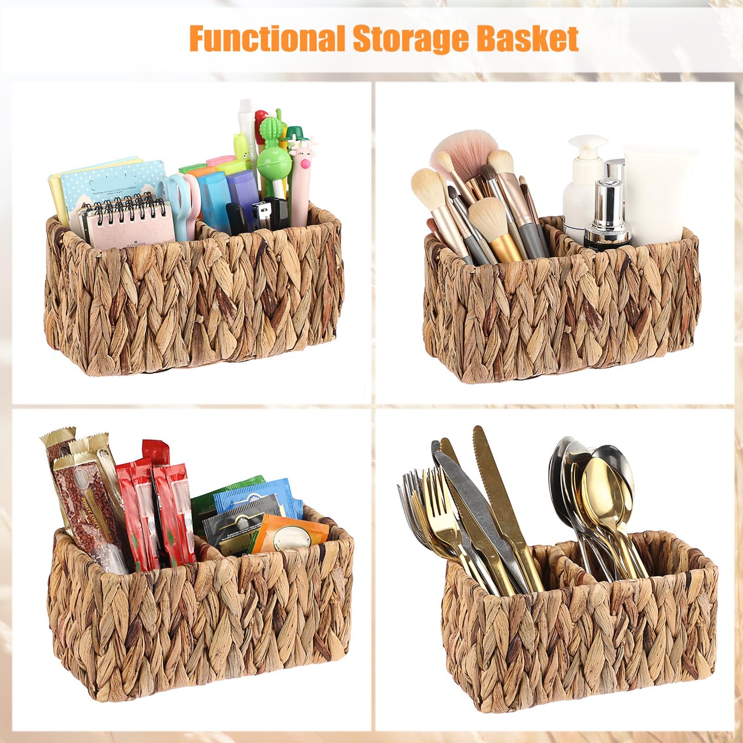 BTSKY Handwoven Remote Control Holder for Table, Natural Water Hyacinth Remote Organizer Caddy Small Wicker Storage Basket, 2-Compartment Office Supplies Desk Organizer Rustic Makeup Brushes Holder