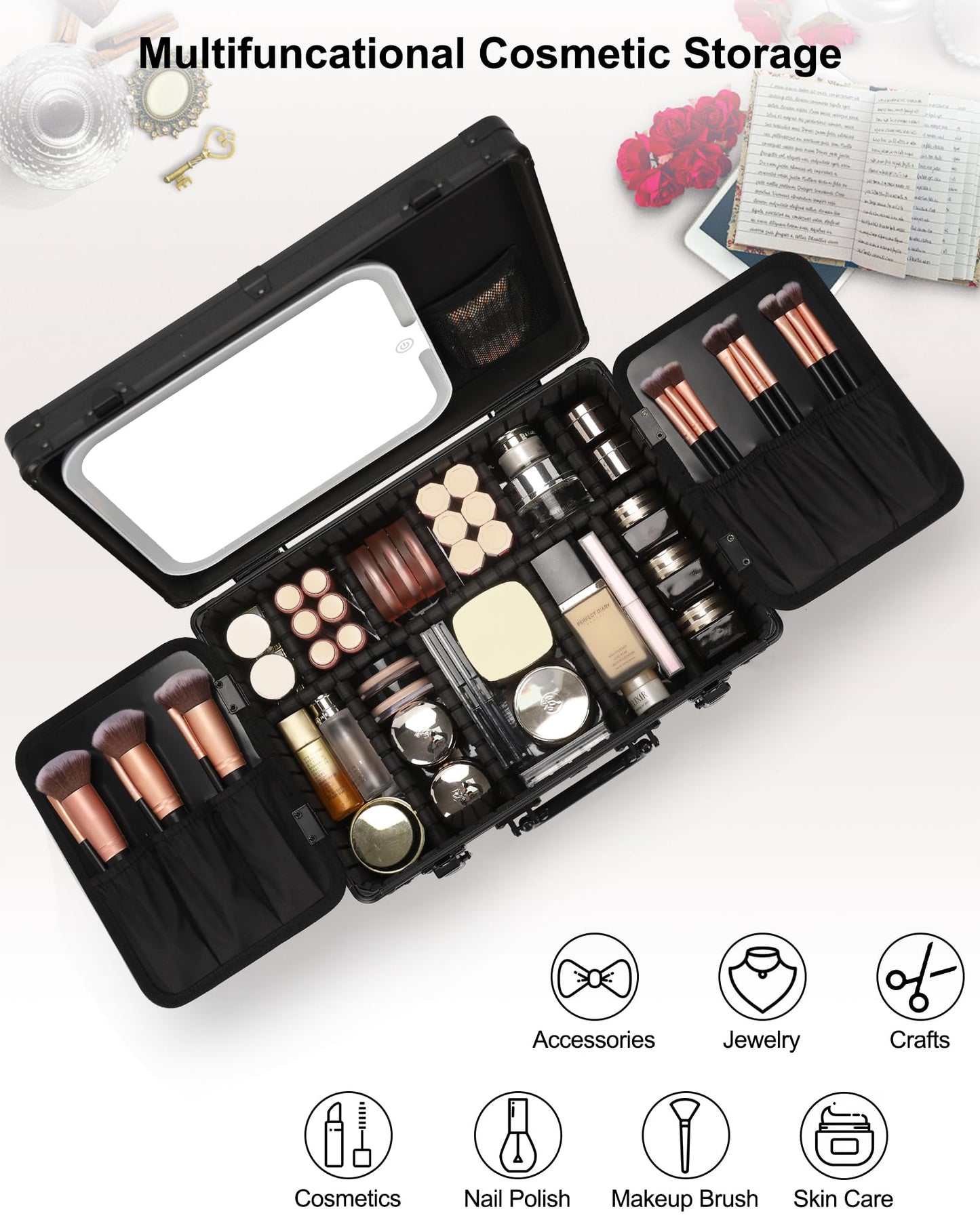 Relavel Makeup Case, Makeup Bag with LED Mirror Makeup Organizer Large Cosmetic Bags Travel Train Case for Women, Portable Vanity Makeup Box with Rechargeable Light up Mirror and Adjustable Dividers