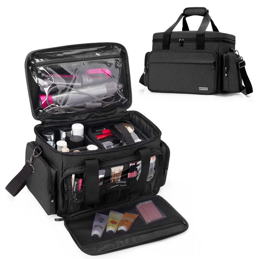 BAFASO Large Makeup Bag with 2 Removable Pouches and Detachable Dividers, Multifunctional Cosmetic Bag to Keep Makeup and Hair Supplies (Patent Pending), Black
