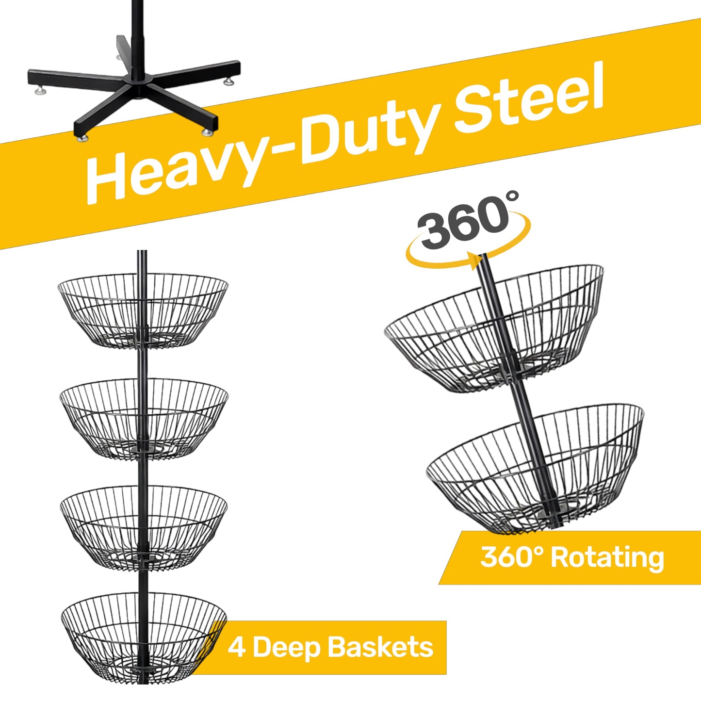 STEELAID 4 Tier Rotating Wire Basket Display Stand Dump Bin, Heavy Duty Metal Floor Merchandising Rack for Candy Snacks Chips Toys Drinks, Spinner Retail Organizer with Stable Cross Base, Black