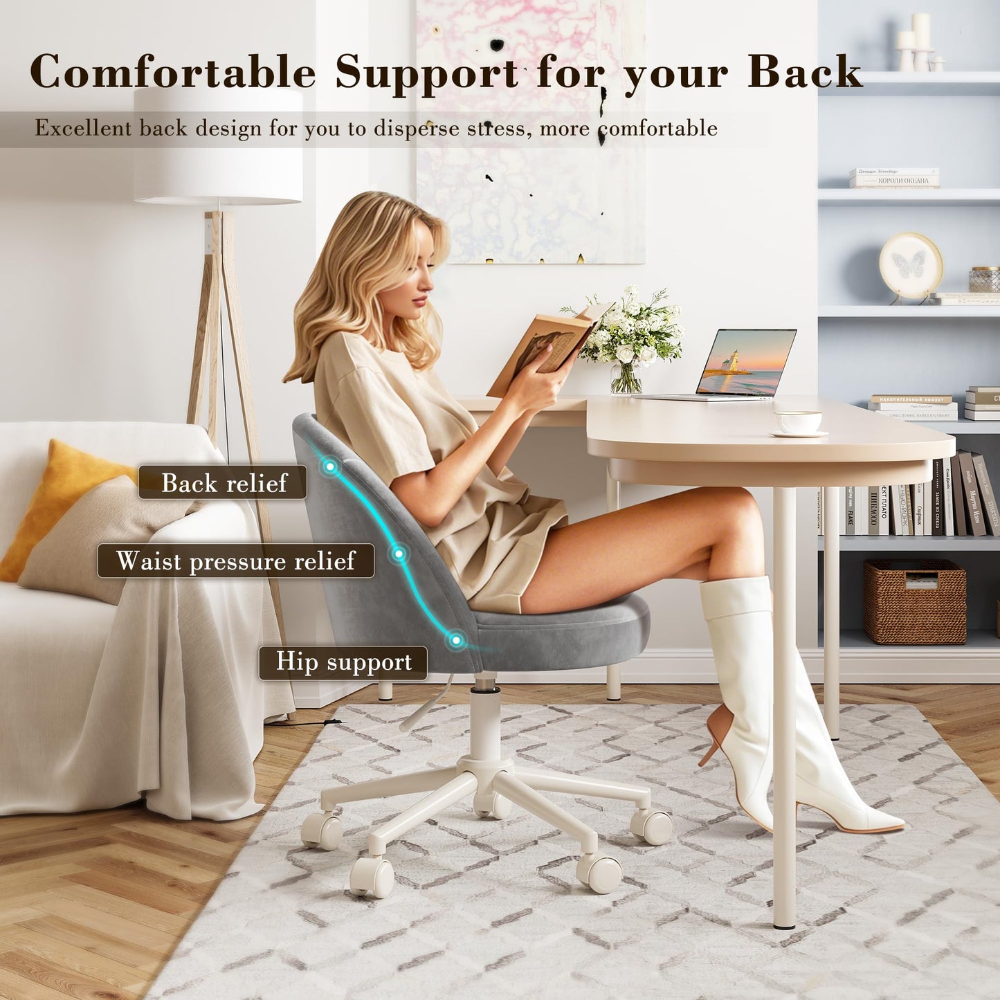 EnHomee Velvet Vanity Chair with Wheels, Ergonomic Desk Chair with Height Adjustable, Armless Makeup Chair for Home Office, Bedroom, Dorm, Muted Grey
