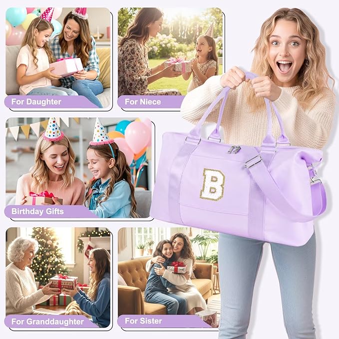 Dance Gym Duffel Bag for Teen Girls, Personalized Initial Travel Weekender Bag,Cute Overnight Carry On Duffle for Women,Sports Travel Cheer Bag,Monogram Christmas Gifts for Tween Preppy(purple-B)