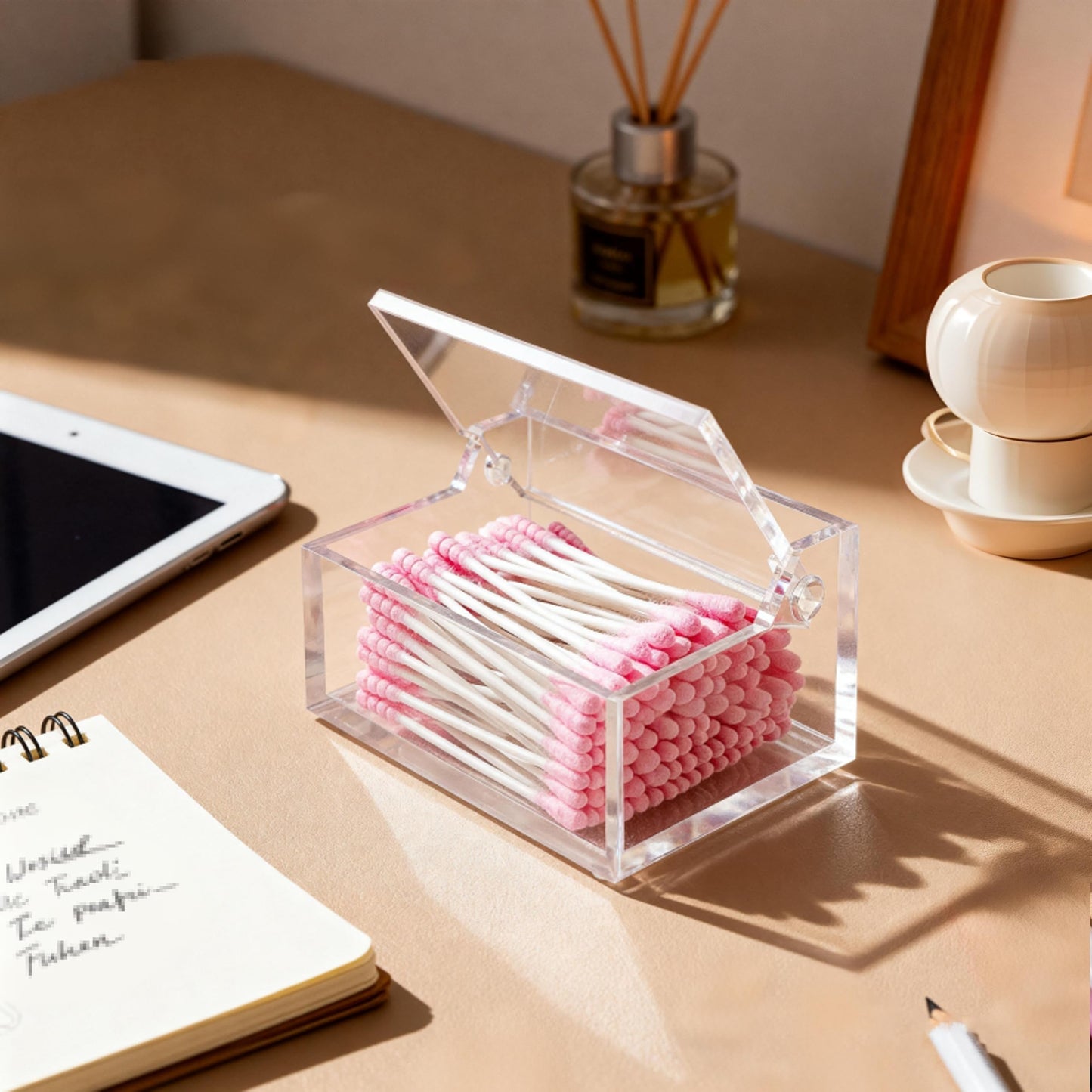 Dealpoli Clear Acrylic Qtip Holder with Lid, Cotton Balls Swab Organizer, 3.9" x 2.8" x 2" Dispenser for Makeup Pad, Floss Picks, Bath Salts, Cosmetic Storage Case, Home Bathroom Decor (DP051)