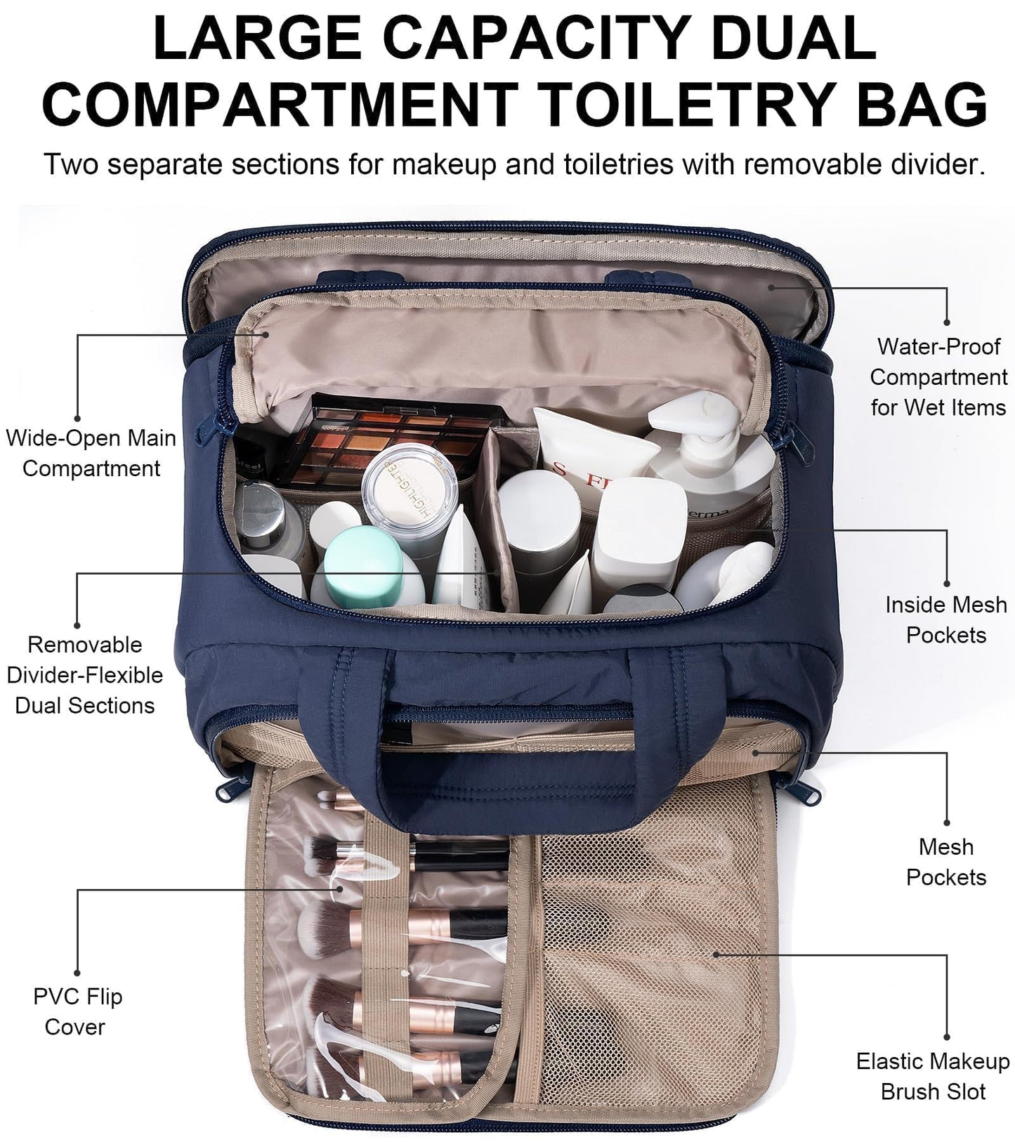 Bagstellar Travel Toiletry Bag for Women, Lightweight Large Quilted Puffy Makeup Bag Wide-open Make up Organizer Cloud Cosmetic Bag w/Handle for Traveling Toiletries Essentials Accessories Navy Blue