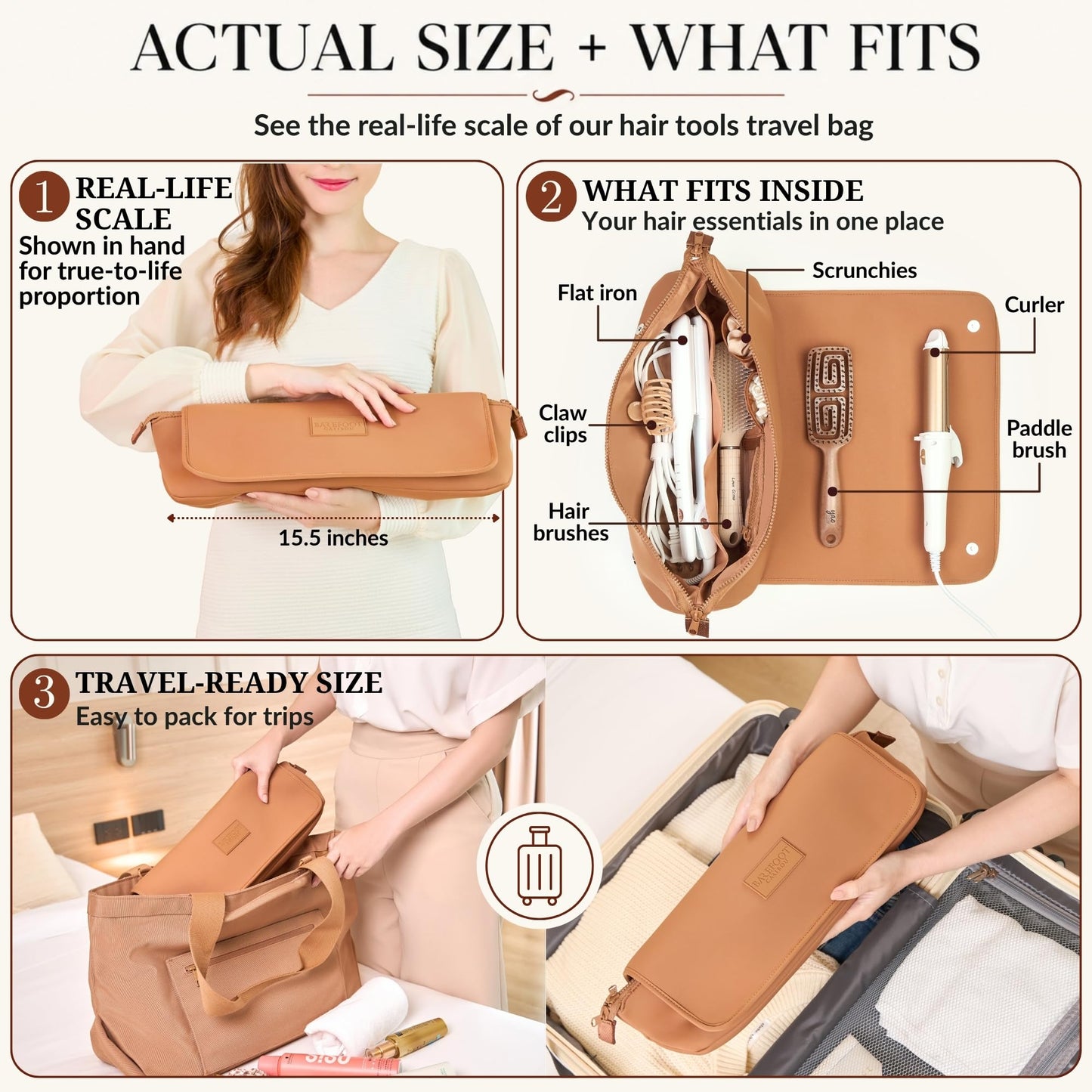 BAREFOOT CARIBOU Hair Tools Travel Bag and Heat Resistant Mat (15.5") for Flat Irons, Straighteners, Curling Iron, Haircare Accessories, 2-in-1 design, Interior Pockets, Portable Organizer (Brown)