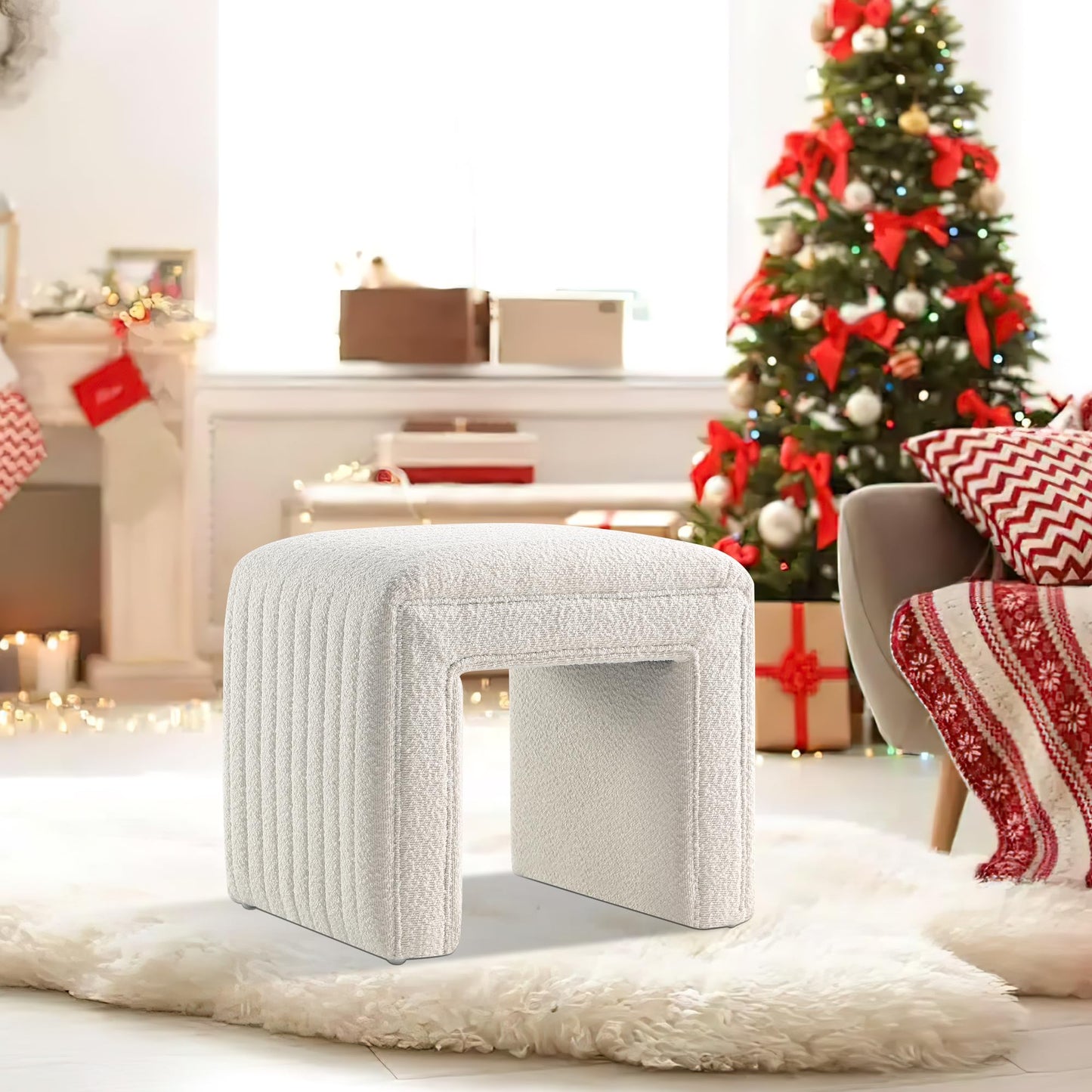 Get Set Style Vanity Stool Chair,Modern Tusk Bloom Ottoman Foot Stool with Wooden Legs Sofa Bench Footstool Extra Seat for Vanity,Makeup Room,Living Room(Fully Assembled)