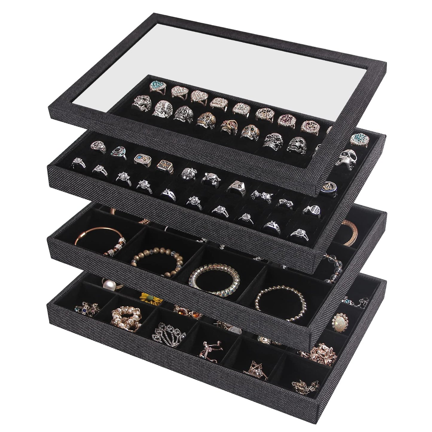 Julysky 4 Pcs/set Stackable Jewelry Organizer Trays with Glass Lid,100 Slots Ring Holder,Bracelet Displays Stand for Selling Necklace Earring Rack