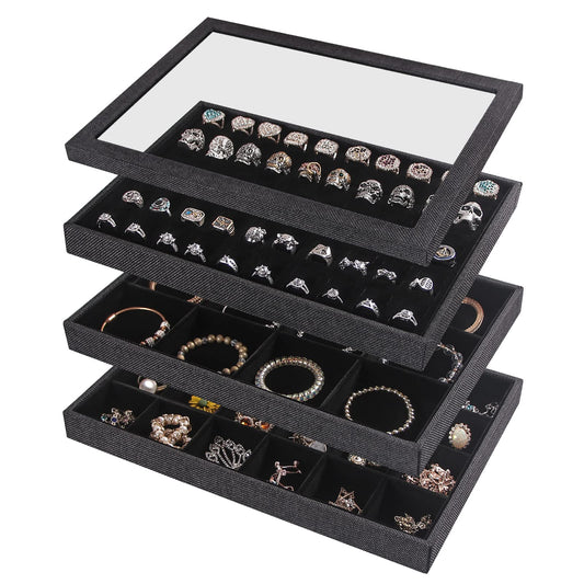 Julysky 4 Pcs/set Stackable Jewelry Organizer Trays with Glass Lid,100 Slots Ring Holder,Bracelet Displays Stand for Selling Necklace Earring Rack