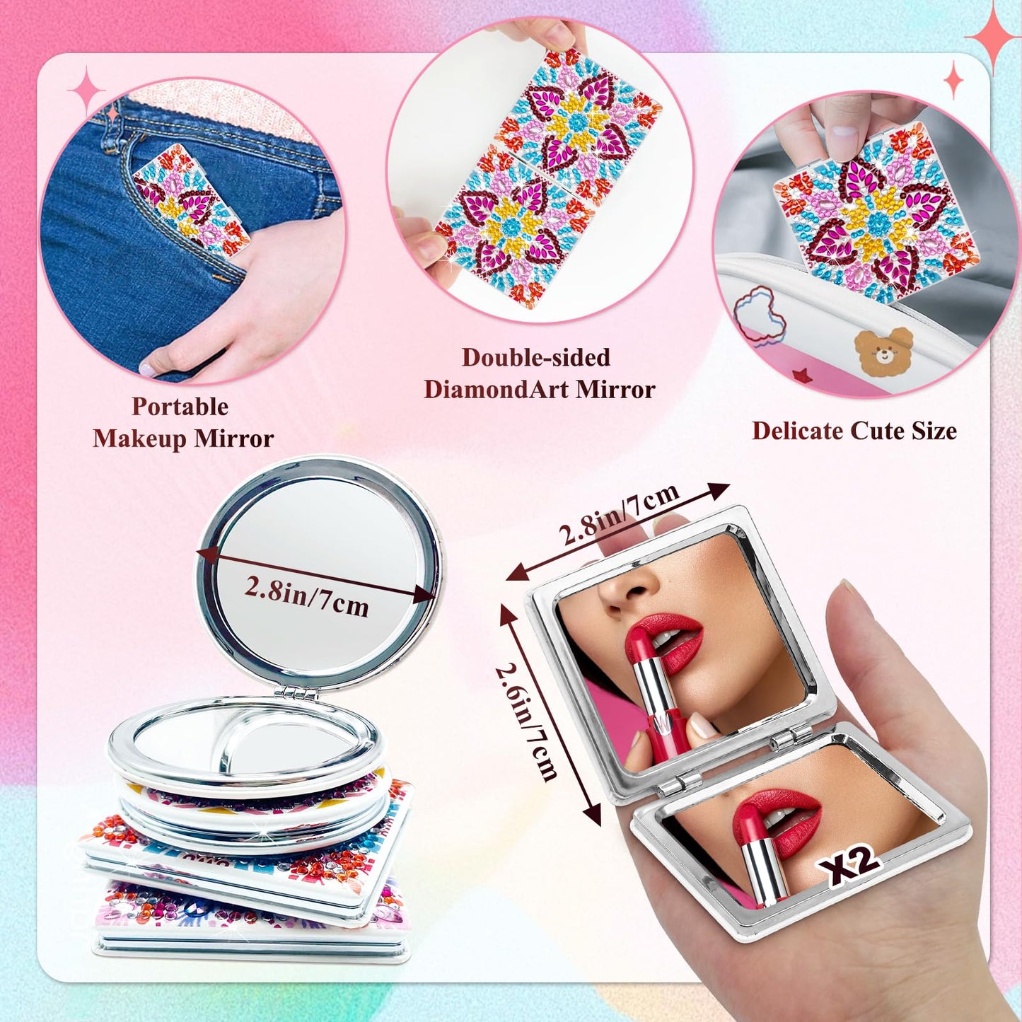FILASLFT Diamond Painting Compact Mirror,Diamond Art Mirror,4 Pcs Makeup Mirror Pocket Cover Portable Magnifying Folding Purse Mirror,Christmas Birthday Gifts for Women Girls(Mandala)