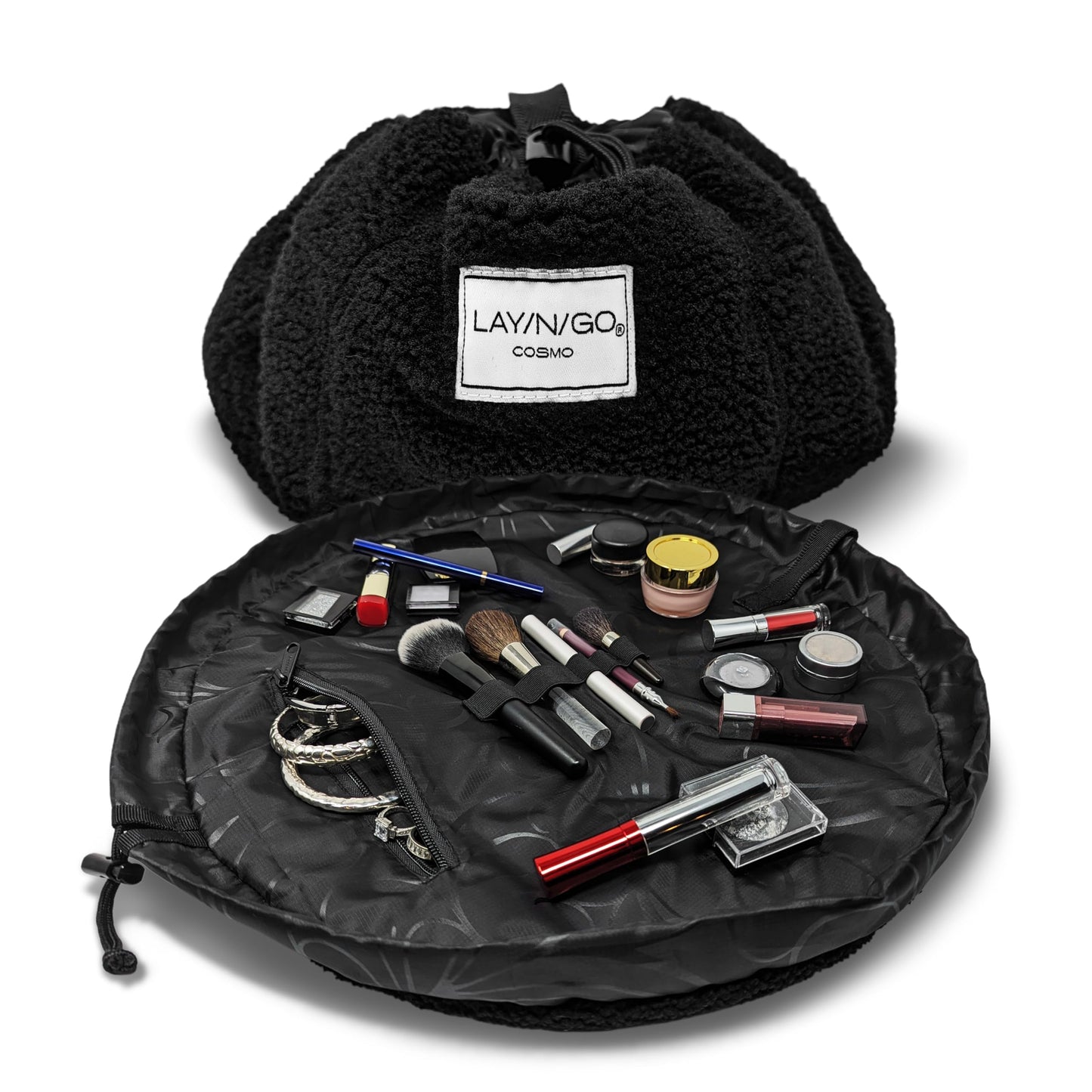 Lay-n-Go Cosmo Drawstring Cosmetic & Makeup Bag Organizer - Portable Drawstring Makeup Bag w/Zipper Pocket, Makeup Loops & More - Durable, Machine Washable Toiletry Bag (20", Comfort/Black Sherpa)