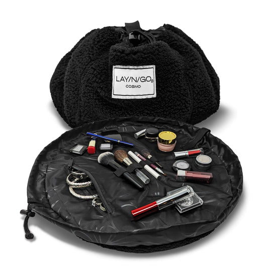 Lay-n-Go Cosmo Drawstring Cosmetic & Makeup Bag Organizer - Portable Drawstring Makeup Bag w/Zipper Pocket, Makeup Loops & More - Durable, Machine Washable Toiletry Bag (20", Comfort/Black Sherpa)