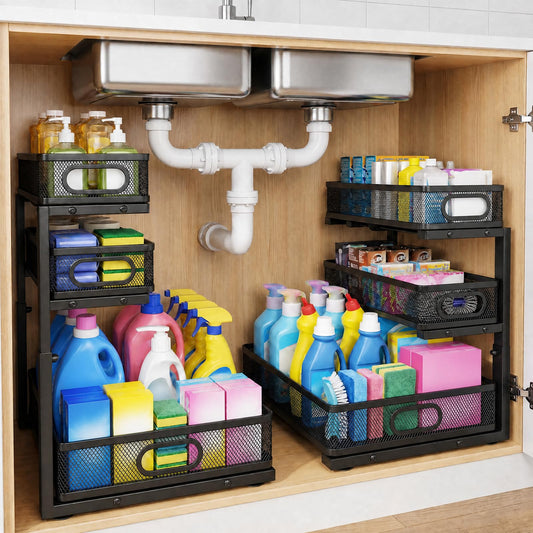 3-Tier Under Sink Organizer 2-Pack Thickened Metal Pull out Cabinet Shelf Height Adjustable Slide Out Drawer Storage Rack for Bathroom Kitchen Pantry Laundry Home Office Organization (Black)