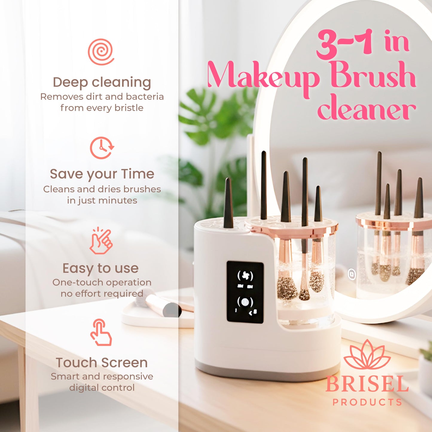 BRISEL 3-in-1 Makeup Brush Cleaner Machine & Dryer Electric Automatic Washer, Deep Clean & Dry in Minutes, USB Powered with LED, Fits All Brush Sizes, White & Rose Gold