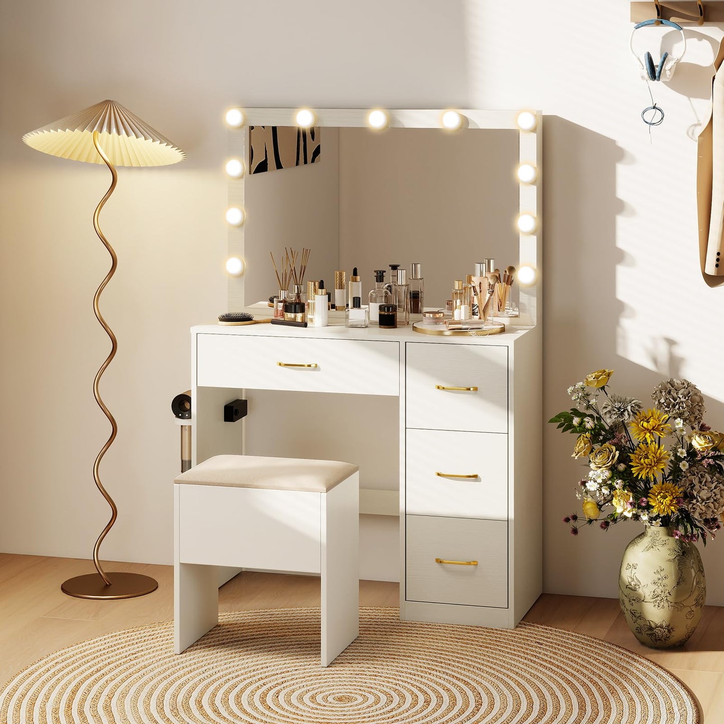 CHEFJOY Vanity Desk with Mirror and Lights, Dressing Table with Storage Stool, 4 Drawers, Charging Station, Hair Dryer Stand, 3 Color Lighting, Modern Makeup Vanity for Bedroom, Living Room, White