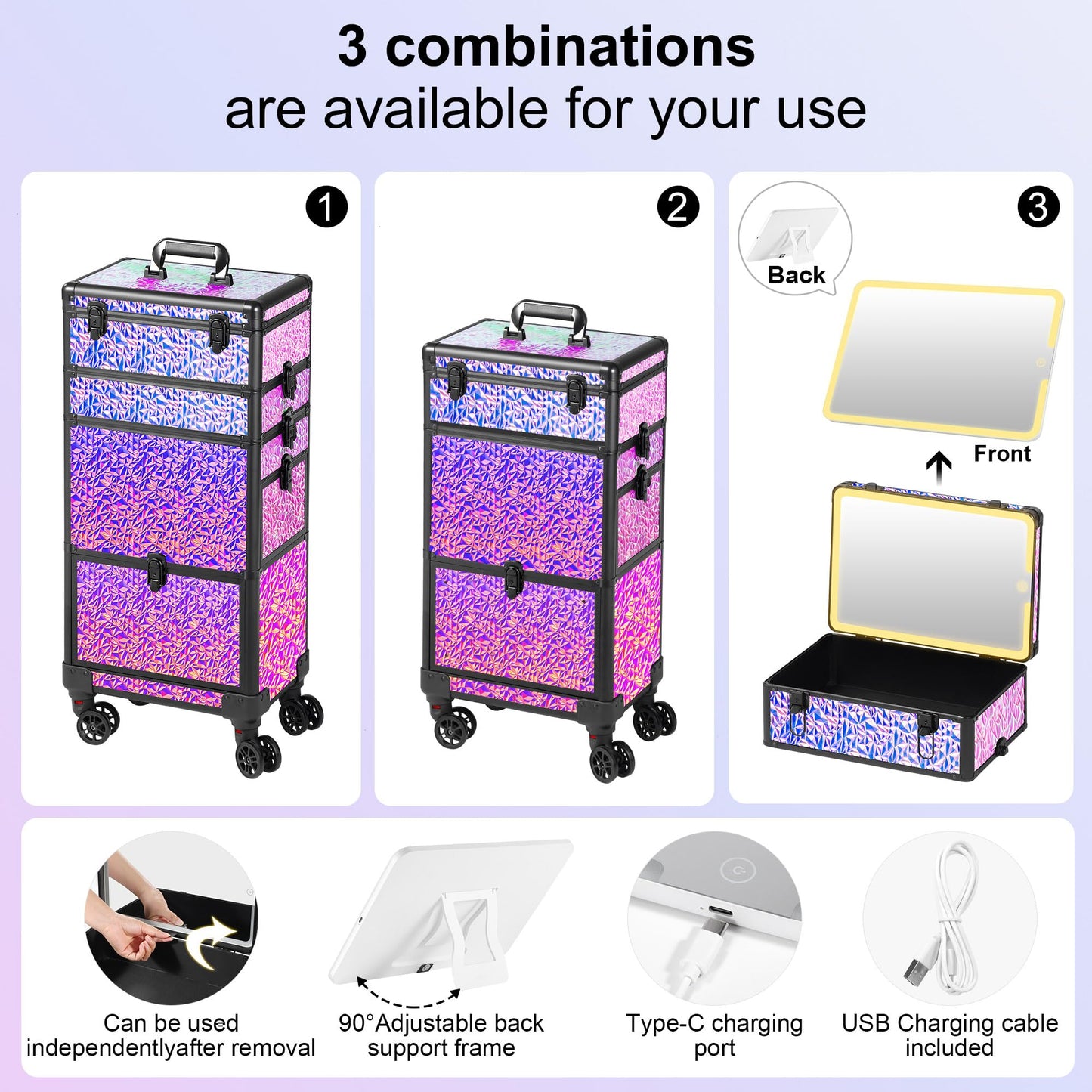 GALHUBIS Rolling Makeup Case with Lighted Mirror, Makeup Train Case with Large Drawer, Cosmetology Case, Travel Makeup Organizers, Professional for Salon Barber, Nail, Tattoo, Multicolor Purple