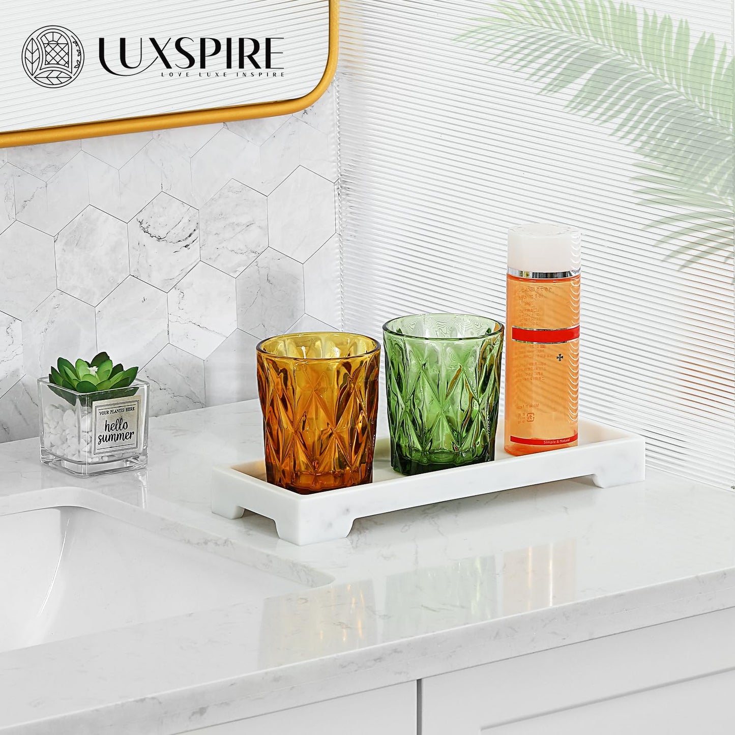 Luxspire Bathroom Vanity Tray, Resin Toilet Tank Tray, Kitchen Trays, 11" x 4" Rectangle Bathroom Tray for Counter, Marble Tray for Soap Dispenser Perfume Jewelry, Small, White Marble