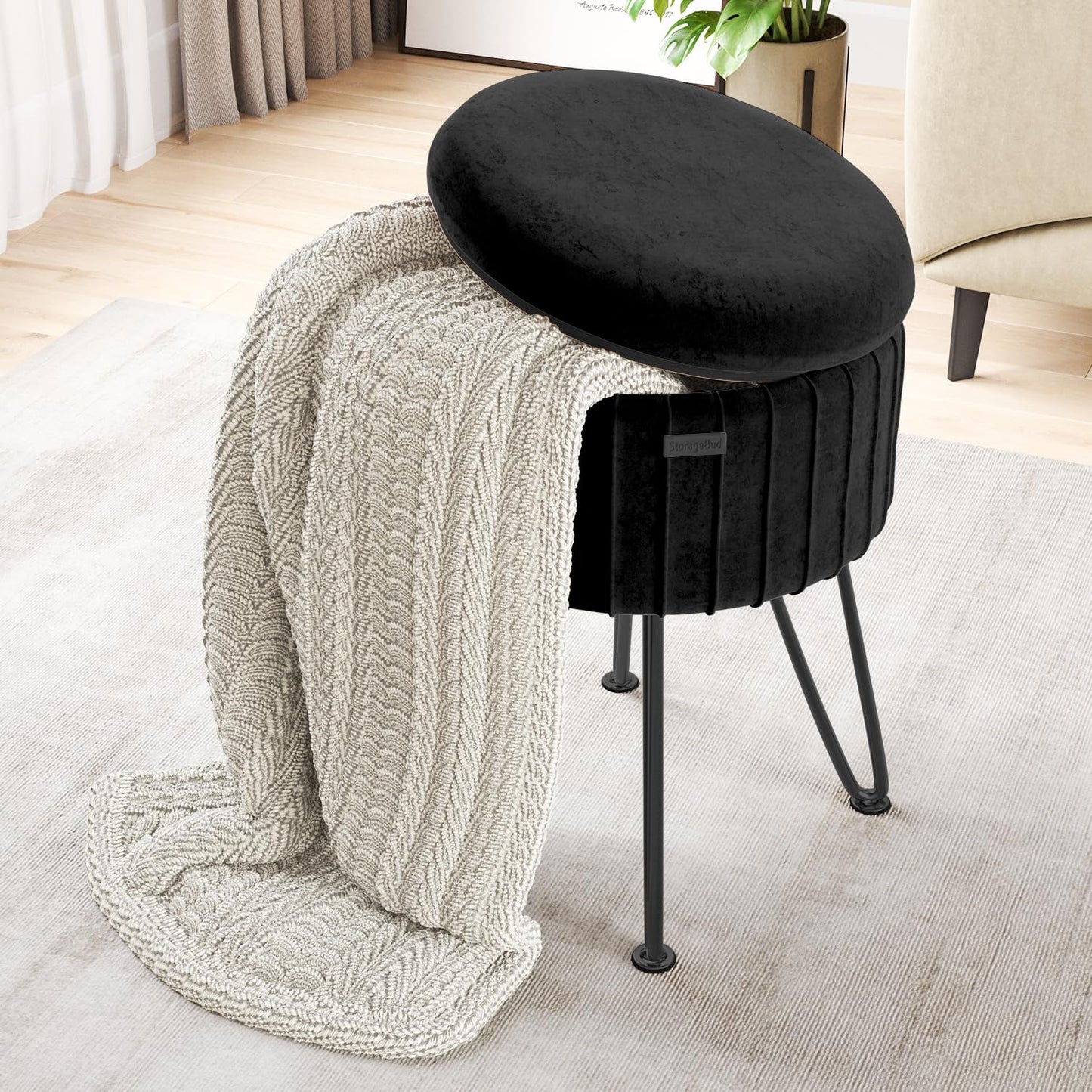 STORAGEBUD Round Ottoman with Storage, Pleated Velvet Storage Ottoman, Foot Stool Ottomans, Makeup Vanity Stool, Small Ottomans Foot Rest, Modern Vanity Stools for Living Room and Bedroom, Black