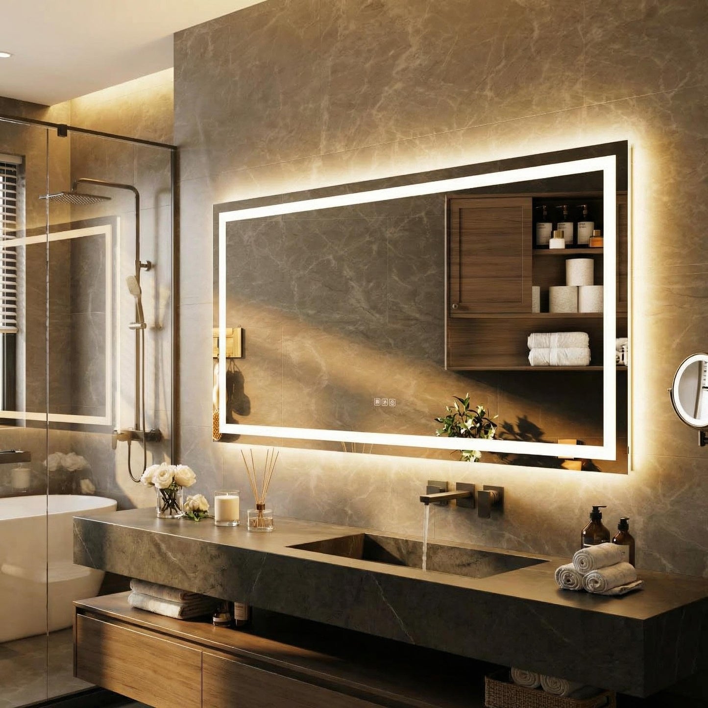 50x28 LED Bathroom Mirror with Lights, Wall Mounted Vanity Mirror with Front & Backlight, Dimmable Color Temperature, Frameless Aluminum, 5mm Copper-Free Glass