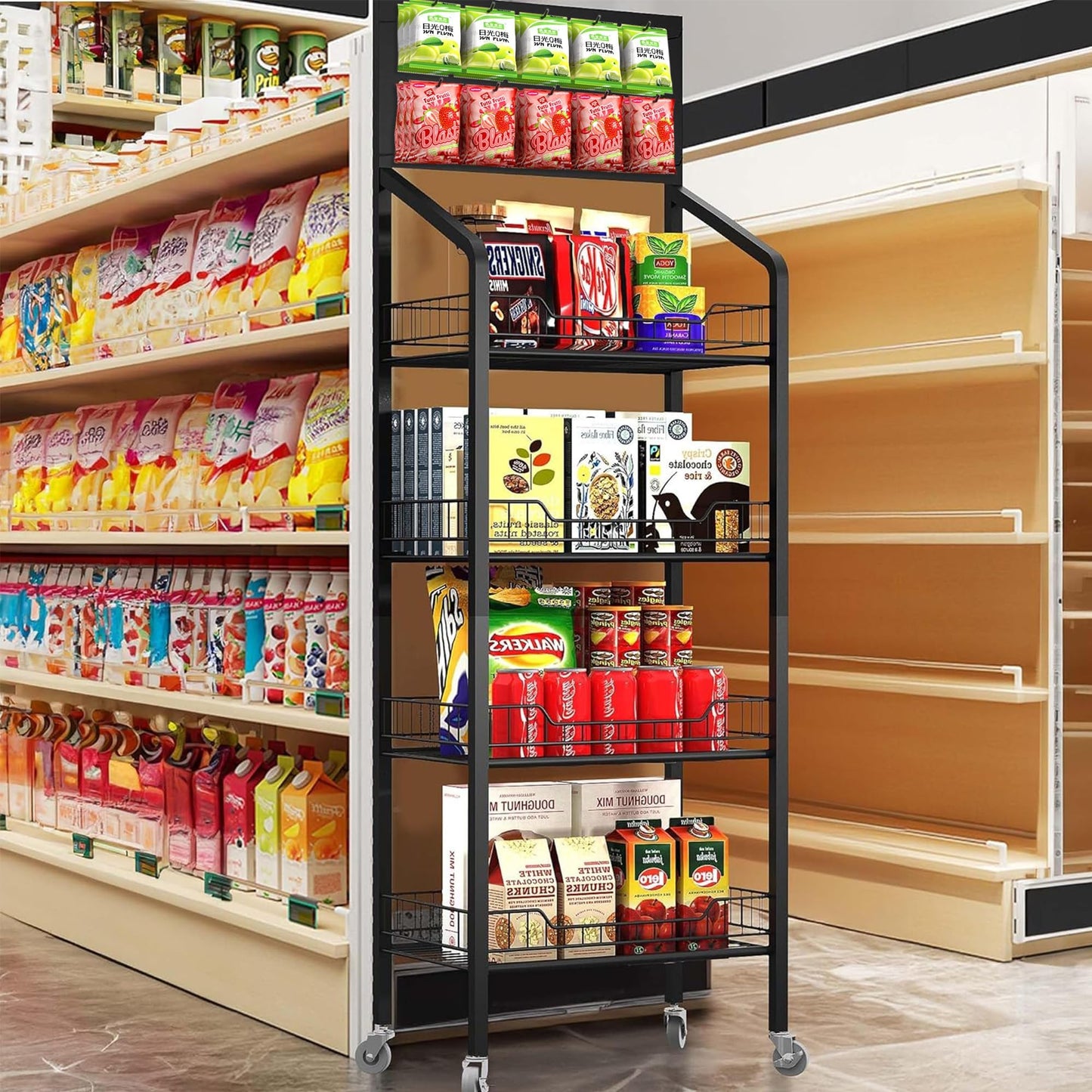 4-Tier Retail Snack Display Rack, Metal Snack & Candy Potato Chip Display Shelf Stand with Wheels & Hooks, Free-Standing Retail Display Shelves for Store, Supermarket, Convenience Store, Home Pantry & Kitchen Organizer, Black