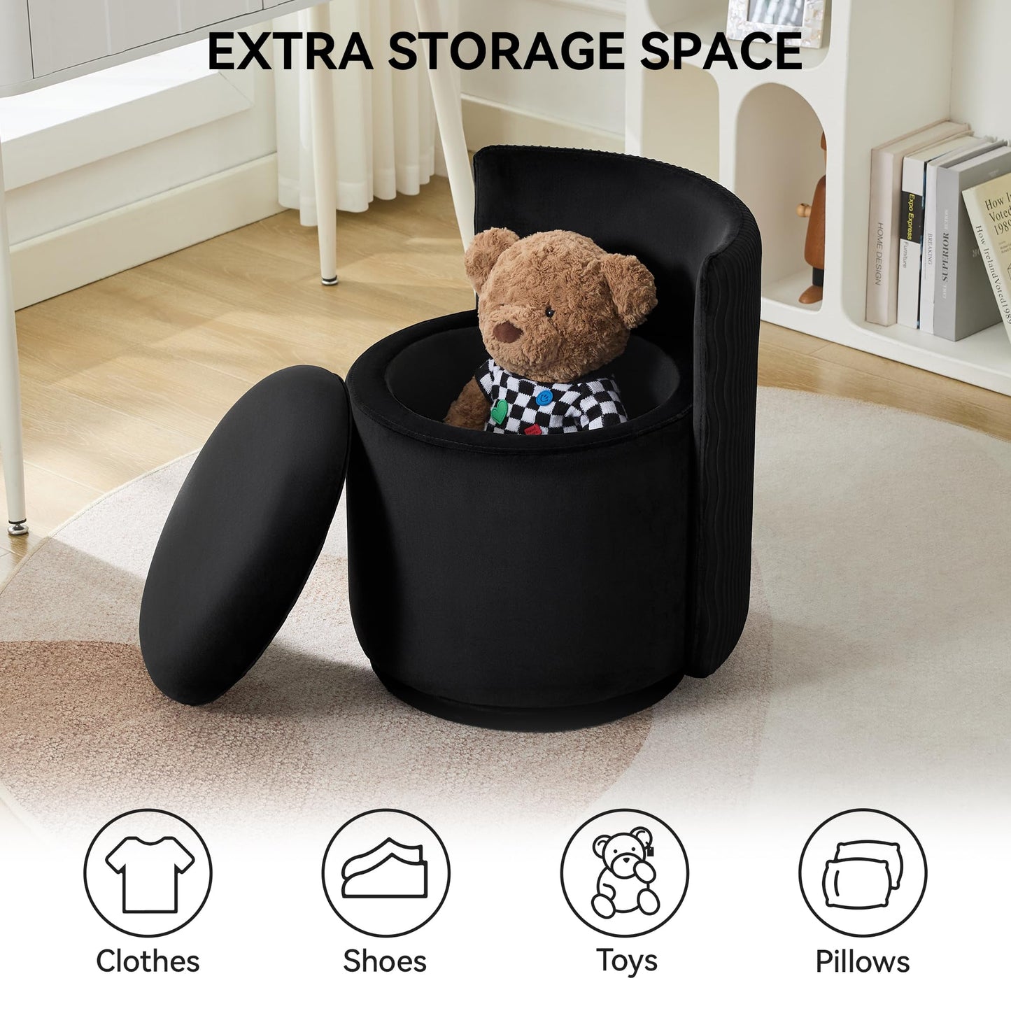 WUTUTUEE Velvet Vanity Chair with Storage, 360° Swivel Makeup Chair with Wave Back, No Assembly Small Accent Stool for Bedroom, Dressing, Living Room, Black
