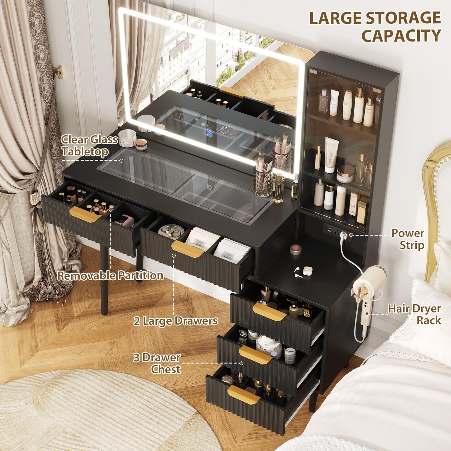GarveeTech 48" Makeup Vanity Table, with 5 Drawers & 3-Tier Shelves, Fluted Vanity Desk with 36" Lighted Mirror, Charging Station, Wood Dressing Table with Glass Top, for Bedroom
