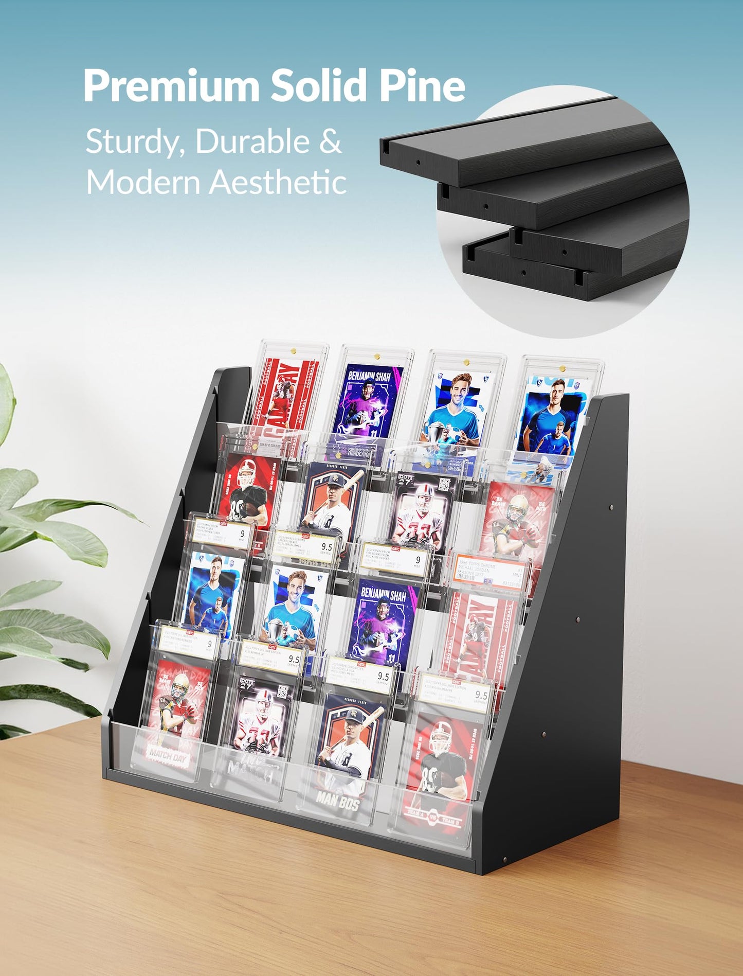 NiHome Pine Wood and Acrylic Trading Card Display Stand, 4-Tier Stepped Holder Compatible with PSA CGC BGS Graded Slabs or 35PT Cards, Stackable Tool-Free Card Organizer for Desk and Shelf