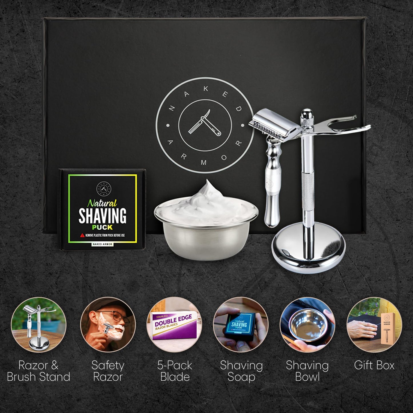 Naked Armor Safety Razor Stand Kit – Safety Razor, Razor and Brush Stand, Stainless Steel Shaving Bowl, Organic Shaving Soap Puck and 5-Blade Pack, Complete Wet Shaving Kit for Men for Smooth, Comfortable Shaves