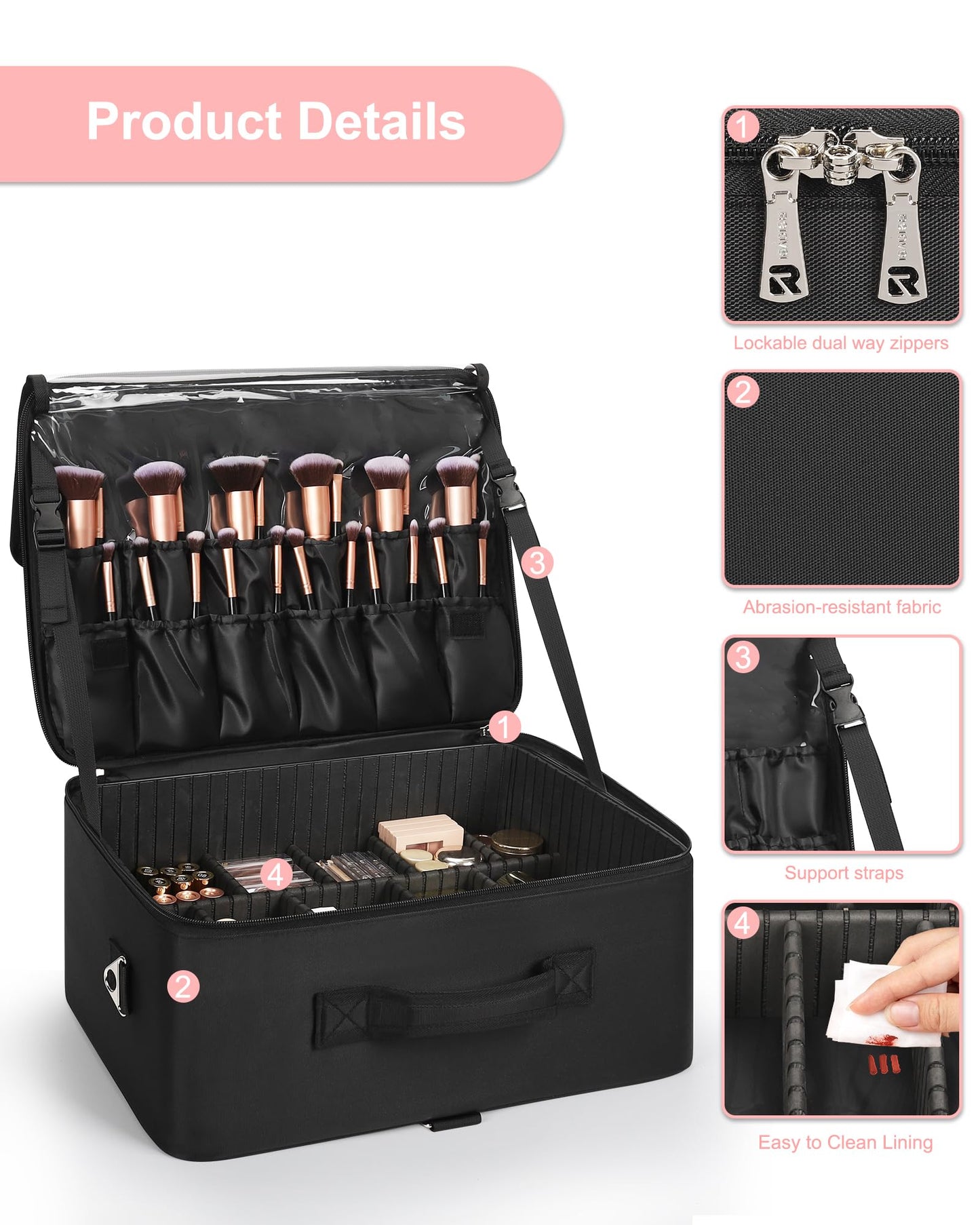 Relavel Extra Large Cosmetic Case, Travel Makeup Bag with 4 Clear Pouches & Lipstick Plate, Portable Cosmetic Case Storage Organizer Box for Makeup Artists with Shoulder Strap & Adjustable Dividers
