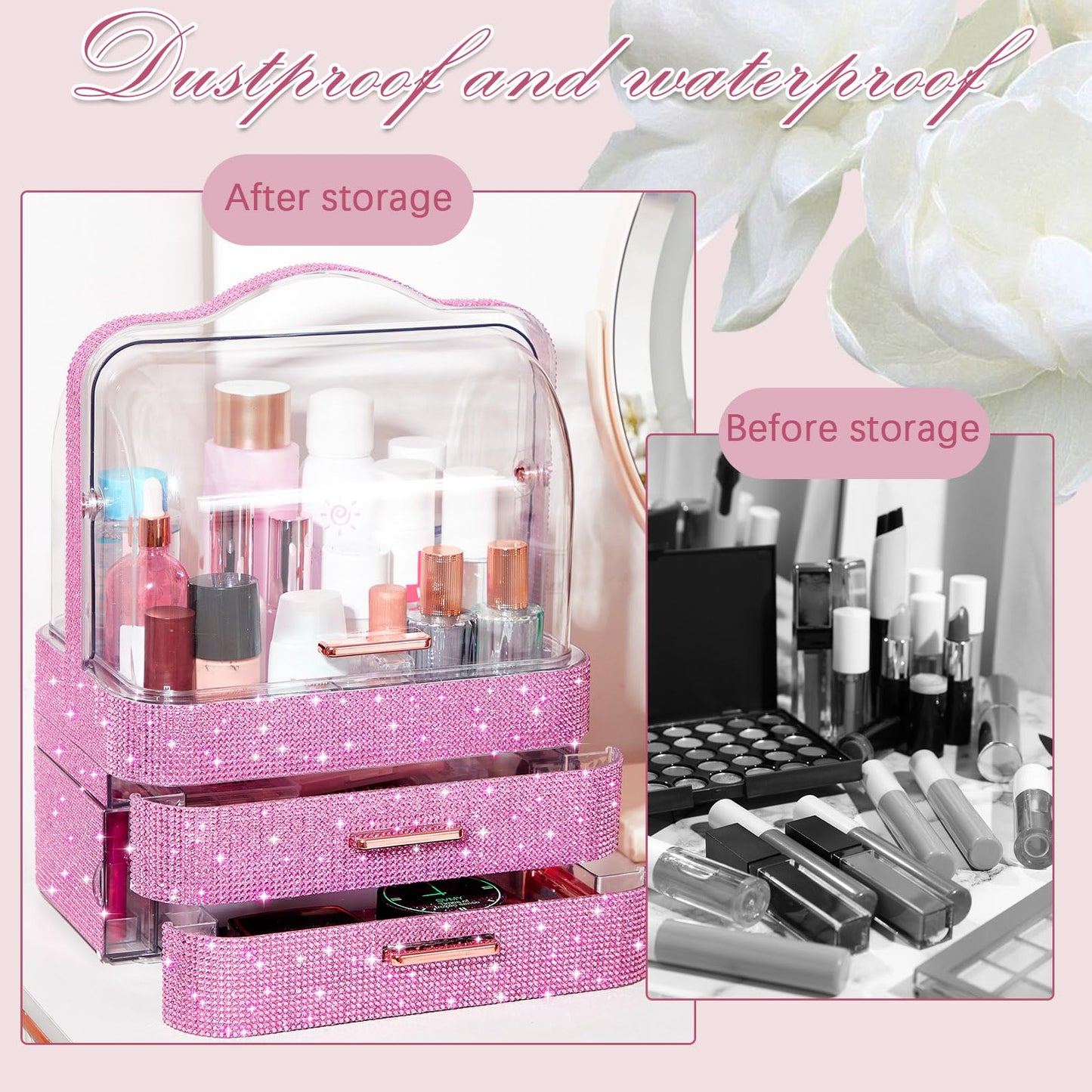 Honeydak Bling Makeup Organizer for Women Birthday Gifts Preppy Skincare Perfume Organizer Rhinestone Cosmetic Display Cases with Transparent Cover for Countertop, Desk(Pink,Rhinestone)