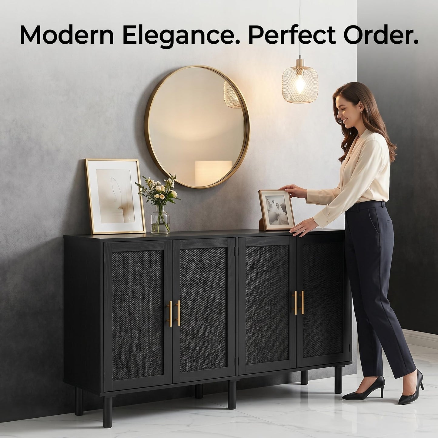 Finnhomy 4 Door Sideboard Buffet Cabinet, Kitchen Storage Buffet with Black Painted Rattan Decorated Doors, Cupboard Console Table, Boho Accent Liquor Cabinet, 62.3X 15.7X 34.6 Inches, Full Black