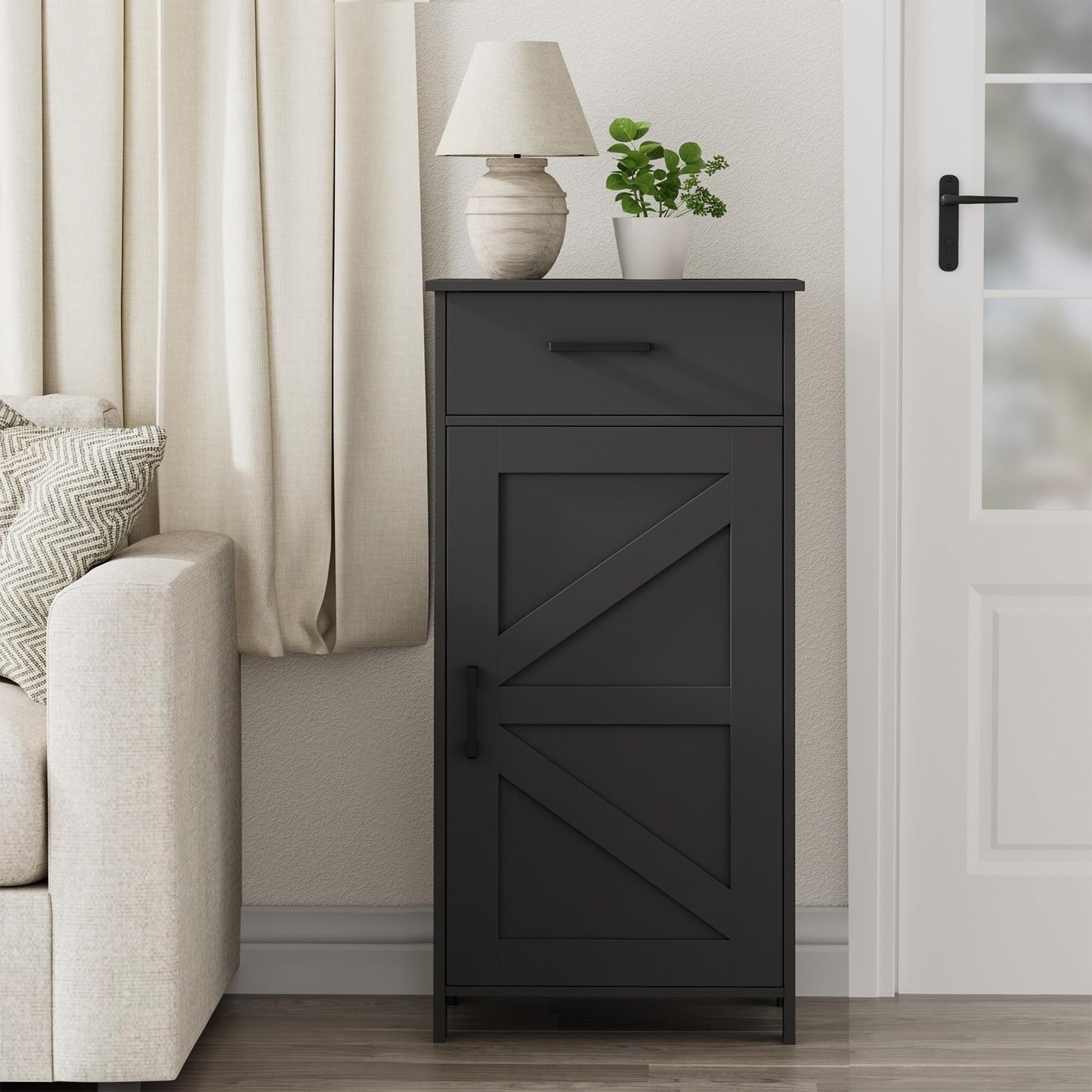 Homhedy Bathroom Storage Cabinet with Drawer, Bathroom Organizers and Storage, Adjustable Shelf, Floor Cabinet for Living Room, Entryway, Kitchen, Black, (15.7" W)