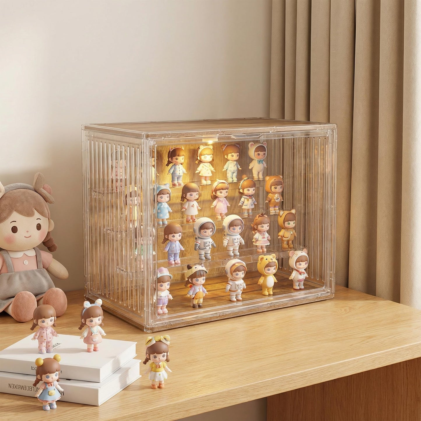 TimberAura Acrylic Display Case for Collectibles, 4-Tier Clear Display Box with Removable Shelves, Stackable Organizer with Magnetic Door for Figures, 1 Pack