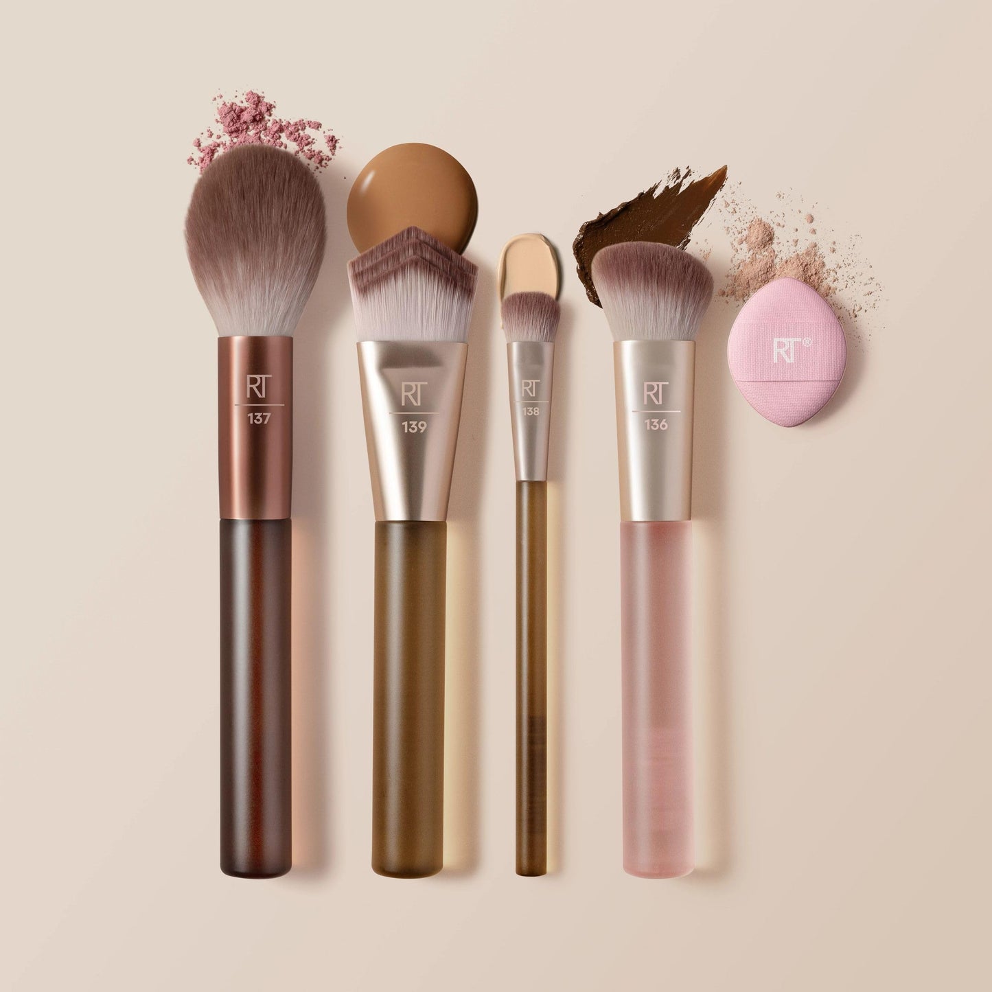 Real Techniques New Nudes Blurred Base Kit, 5 Piece Face Makeup Brush Set with Powder Puff, for Foundation, Concealer, Blush, Contour & Powder Blending, Soft Bristles, Cruelty-Free