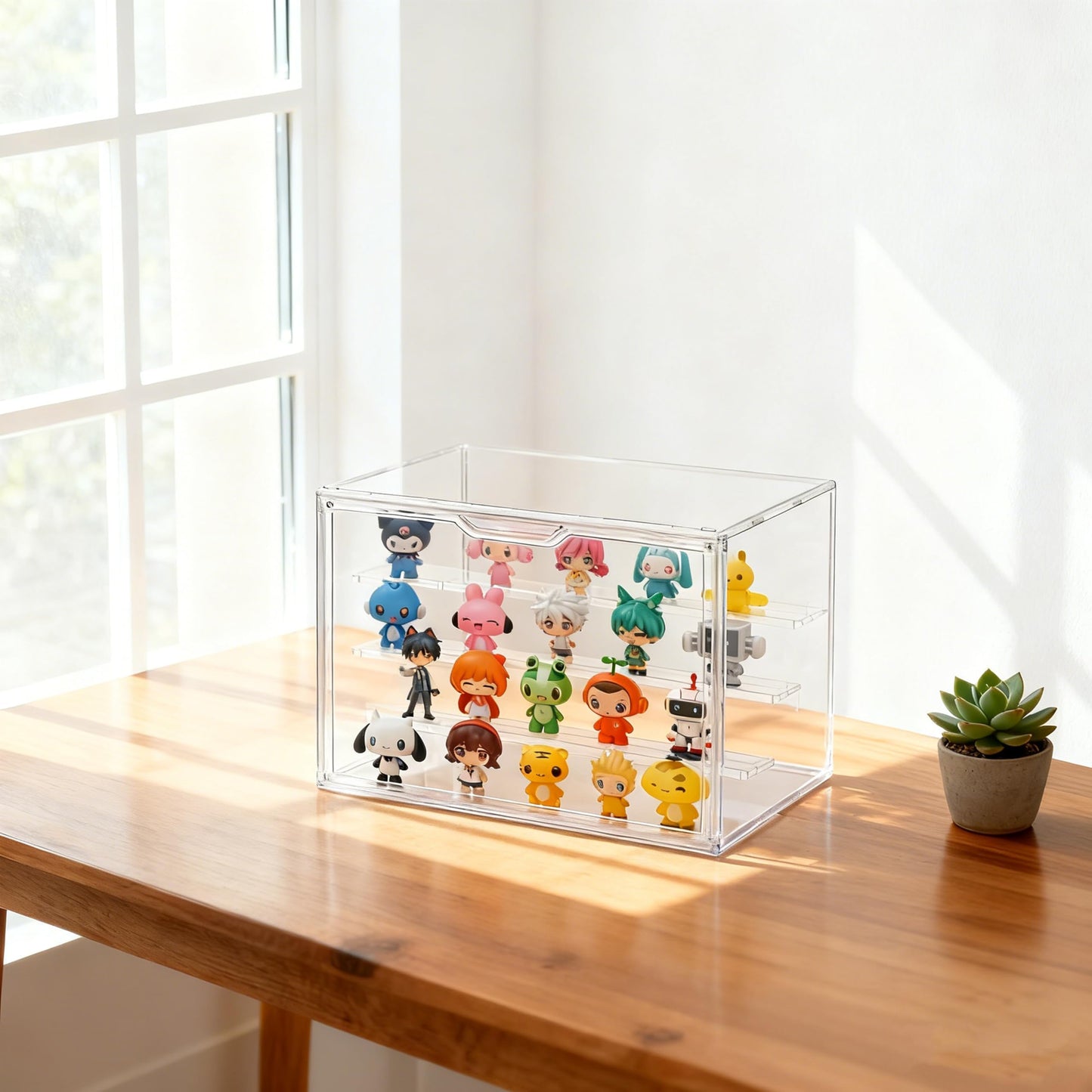 Clear Acrylic Display Case 2 Pack, Stackable 4-Tier Figure Showcase with 3 Movable Shelves, Interlocking Edges & Magnetic Door for Action Figures