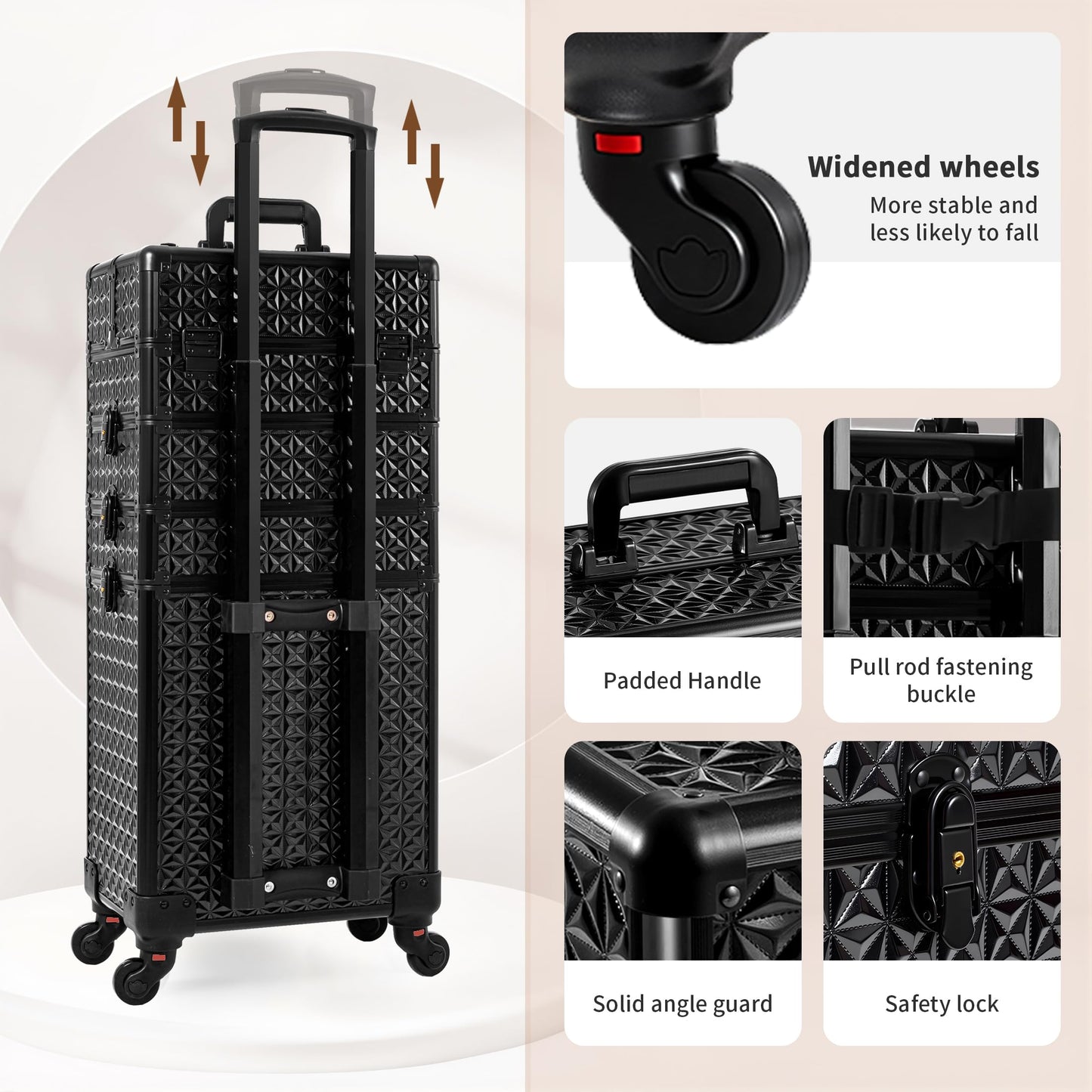 AROUS 5 in 1 Rolling Makeup Train Case Cosmetology Case on Wheels Large Cosmetic Organizer Travel Cart for Hairstylist Artist Nail Beauty Salon Barber, Black