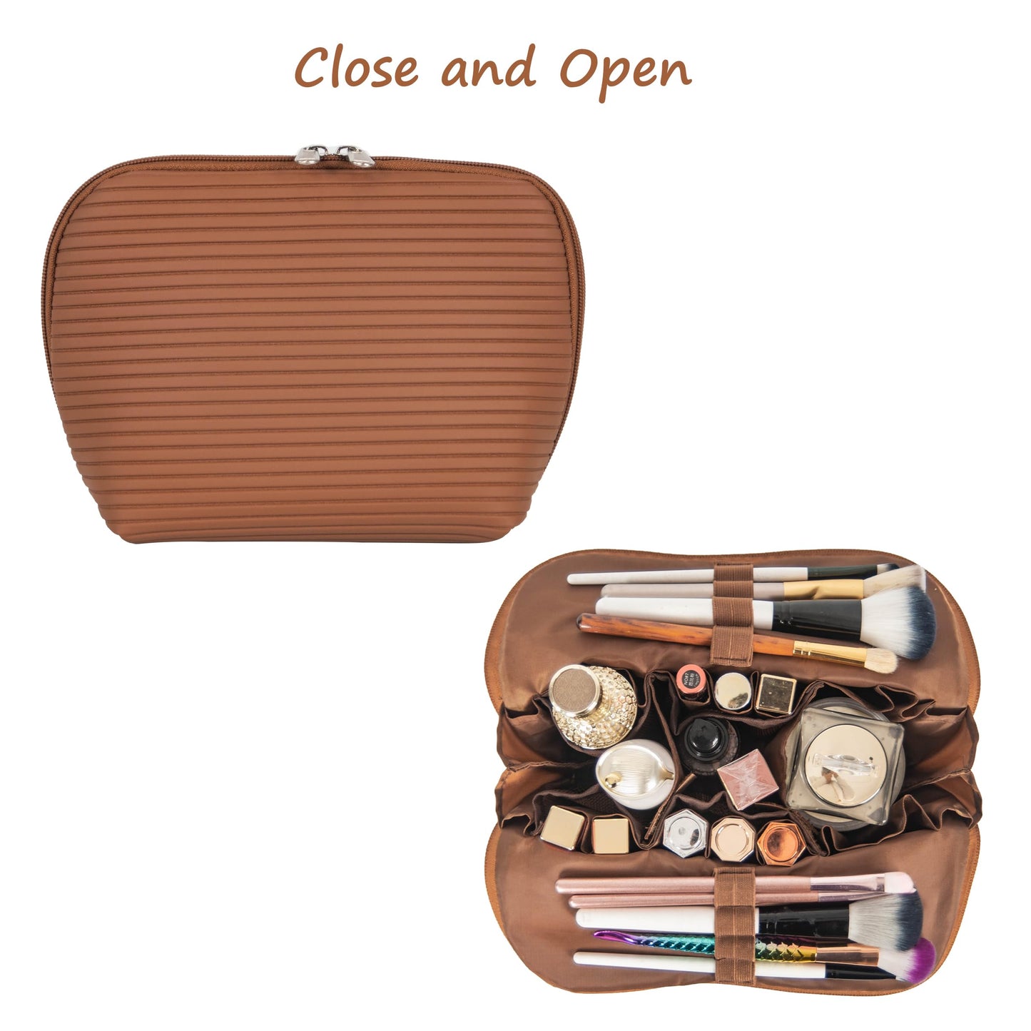 Tense Edano Travel Makeup Bag for Women, Waterproof Stand Up Cosmetic Bag with Brush Holders, Organizer Bag with Compartments, Fold-Down Design for Skincare, Toiletries & Essentials (Brown, Medium)
