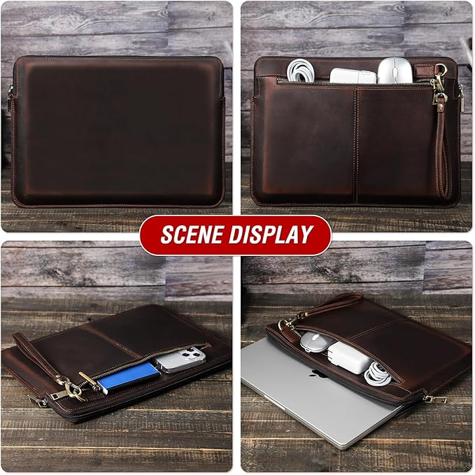 Top Grain Leather 13.3" Slim Laptop Sleeve Case Bag, Vintage Design with 2 Zip Pocket, Handmade, Compatible with MacBook Pro 13.3" MacBook Air 2022 DELL XPS 13" & Other PC, Coffee 13.3 Inch