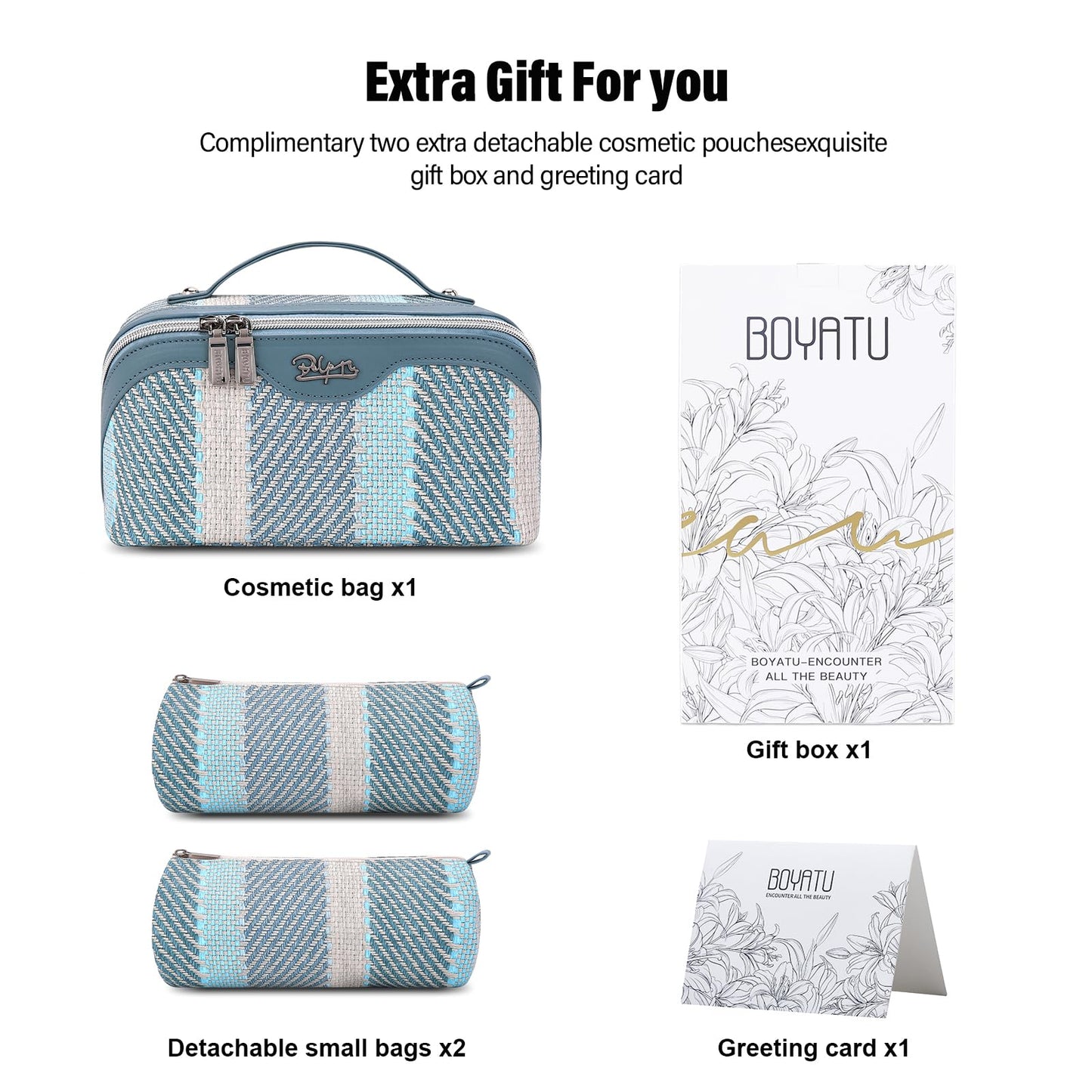 BOYATU Travel Makeup Bag Cosmetic Bag for Women: 3 Pcs Set Make up Bag with Compartments - Waterproof Vegan Leather Toiletry Bags with Handle - Makeup Organizer for Travel Essentials(C-1-Blue)