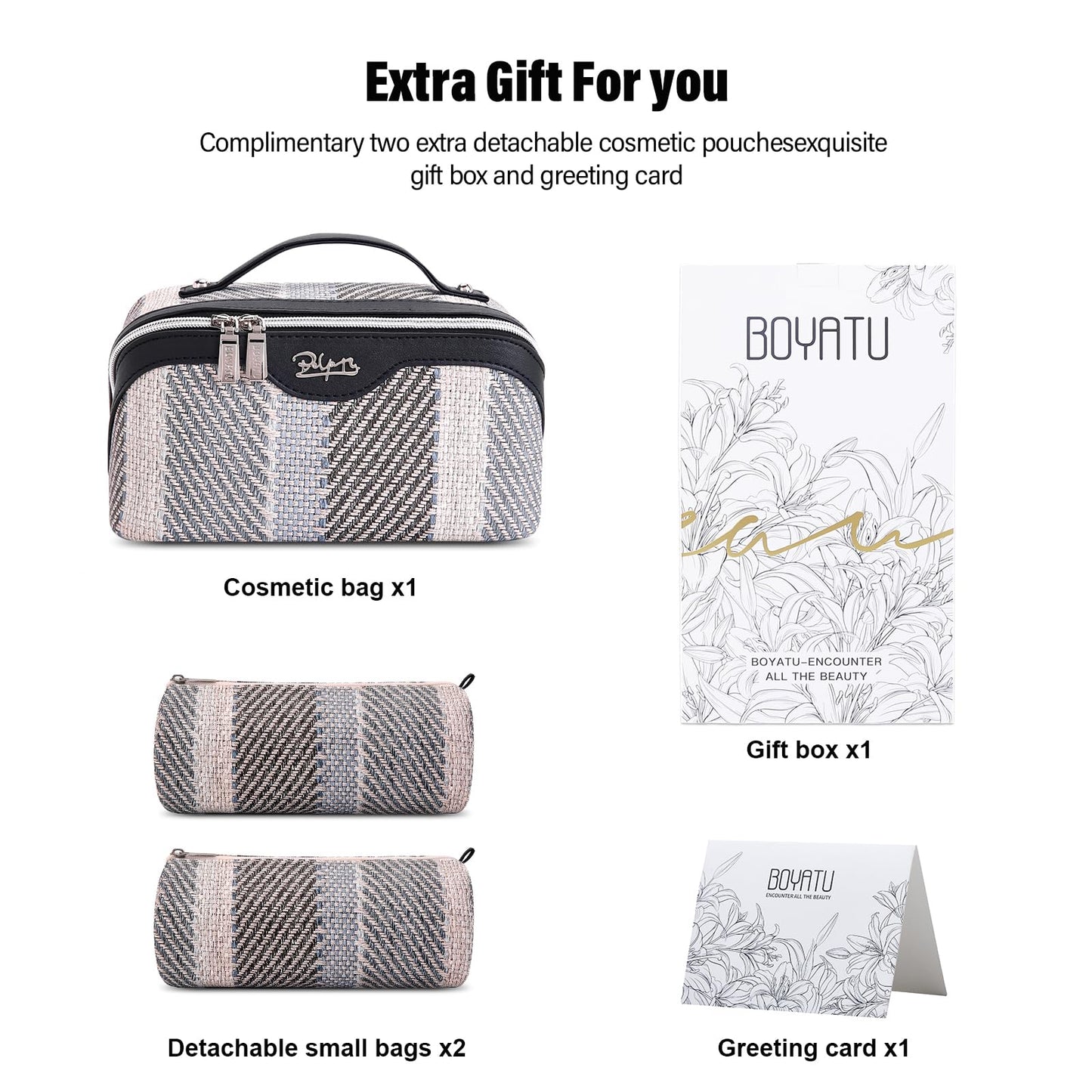 BOYATU Travel Makeup Bag Cosmetic Bag for Women: 3 Pcs Set Make up Bag with Compartments - Waterproof Vegan Leather Toiletry Bags with Handle - Makeup Organizer for Travel Essentials(C-4-Black)